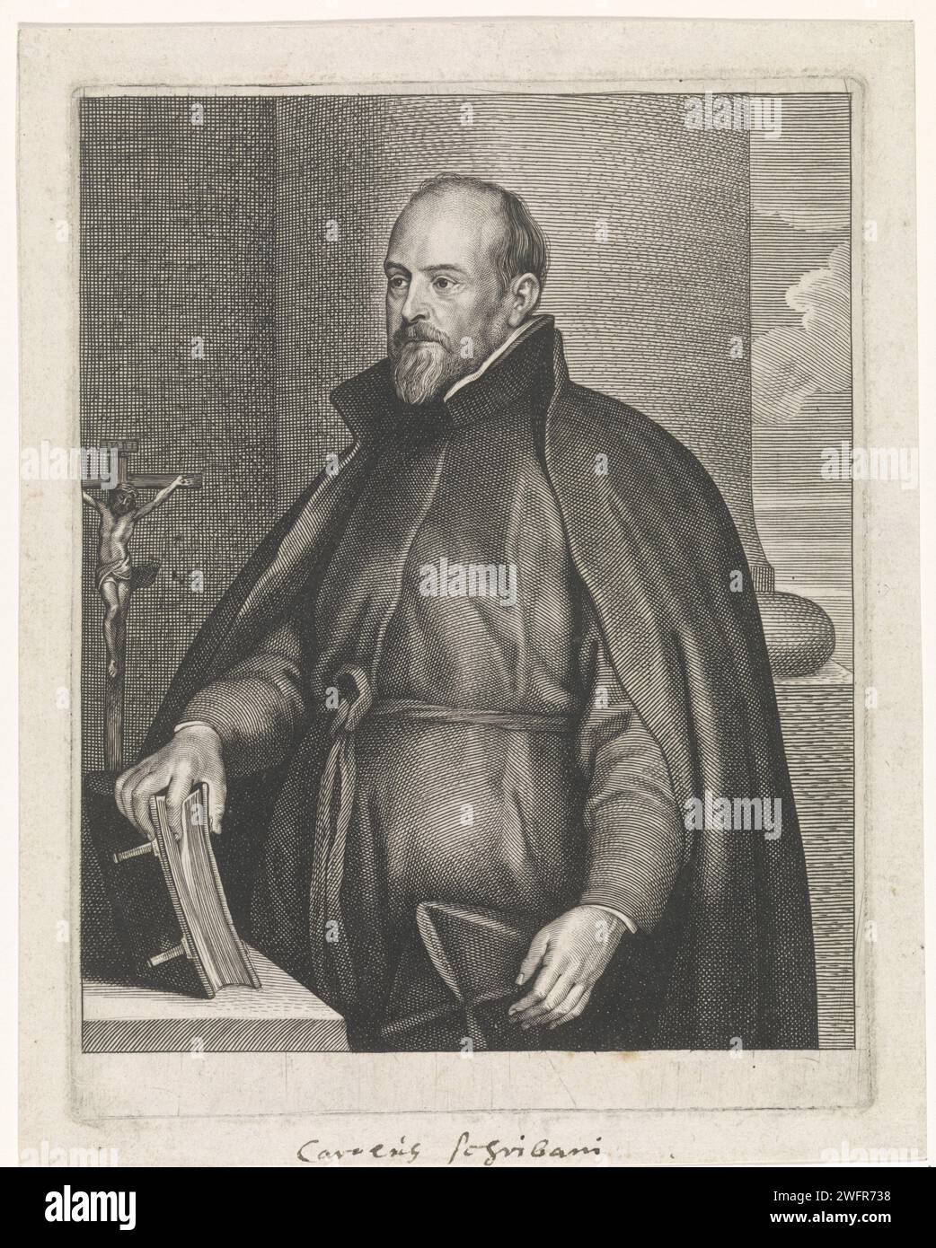 Porträt des Jesuiten Carolus Scribani, Paulus Pontius, nach Petrus Clouwet, nach Anthony Van Dyck, 1629–1657 Druck Antwerpener Papierstich Hierarchie der Rechtsprechung  römisch-katholische Kirche. Kruzifix  persönliche Hingabe Stockfoto