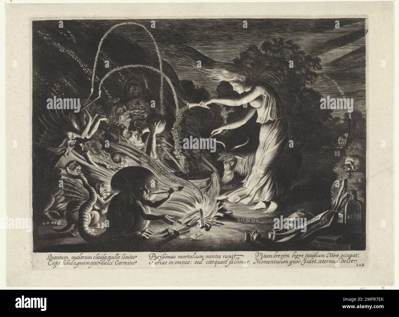 Hexe, Jan van de Velde (II), 1626 druckt Eine Hexe in einen Topf, wo sie Pulver gießen. Ein starker Wind weht. Eine Gruppe Monster für sie. Amsterdamer Papierstich Hexe, Zauberin. Hexe, Zauberer mit dem Teufel und/oder Dämonen. Hexen, die die Elemente kontrollieren, z. B. einen Sturm aufwerfen Stockfoto