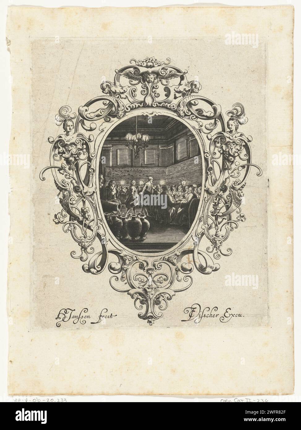 Cartouche mit Köpfen, Cherubys und Masken, 1615 - vor 1636 Druck in der Kartusche gibt es eine Aufführung der Hochzeit in Cana. Amsterdamer Papierätzung/Gravur Stockfoto