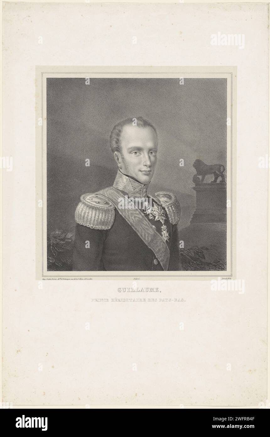 Porträt von Willem II., König der Niederlande, Claudio Linati, nach Anonym, 1826 - ca. 1829 gedrucktes Porträt von Willem II Im Hintergrund das Denkmal für die Schlacht von Waterloo am 18. Juni 1815 in Braine L'Alleu. Sein Name und sein Titel sind am unteren Rand. Brüssel-Papier. Skulptur, Reproduktion einer Skulptur Braine l'alleud Stockfoto
