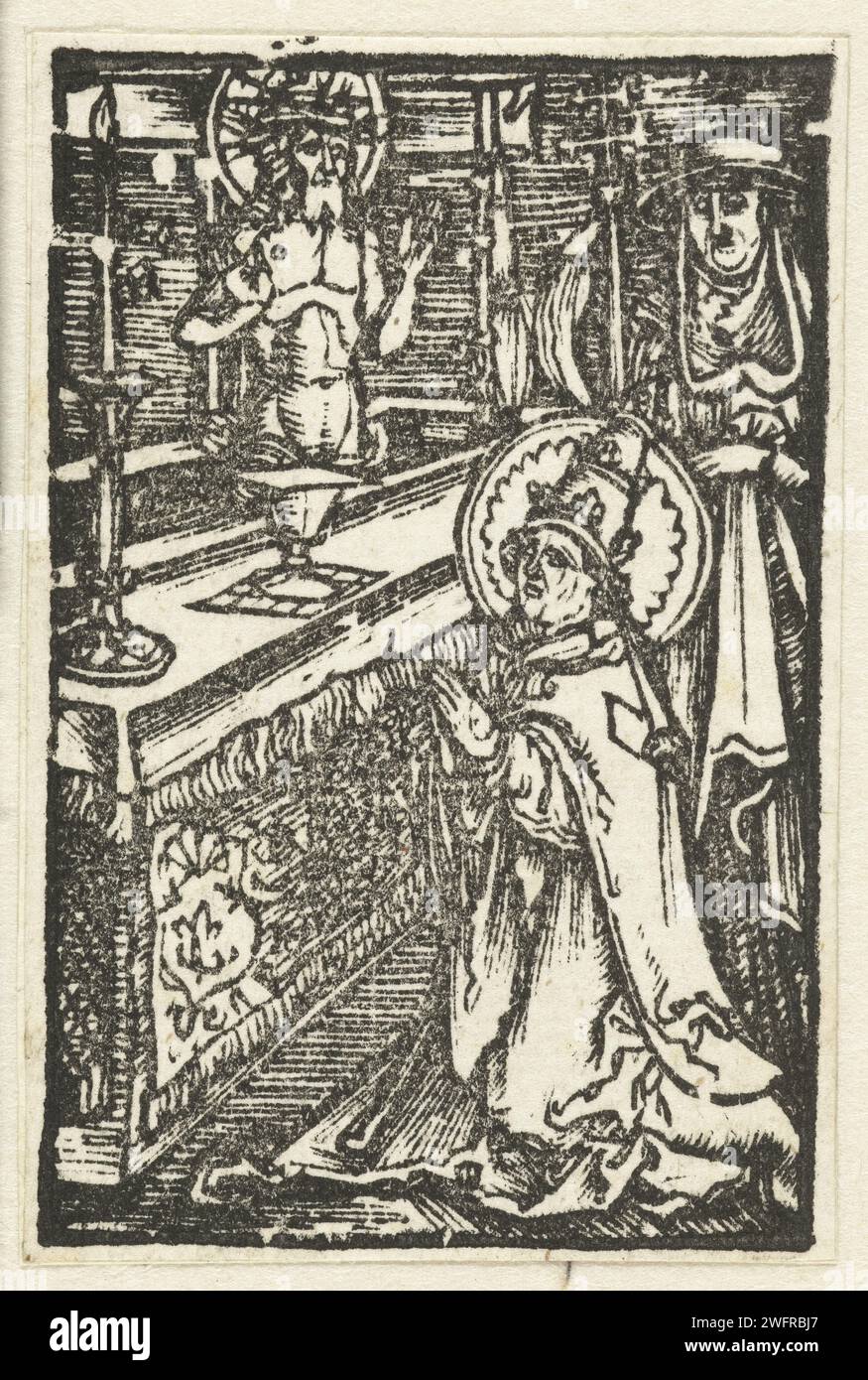 Gregoriusmis, Albrecht Dürer (Kreis von), 1503 Druck St. Gregorius für einen Altar, auf dem Christus erscheint. Nürnberger Papier die Masse der St. Gregor der große: Christus erscheint über dem Altar mit den Instrumenten der Passion; vielleicht fließt Blut von Christi Seite Stockfoto