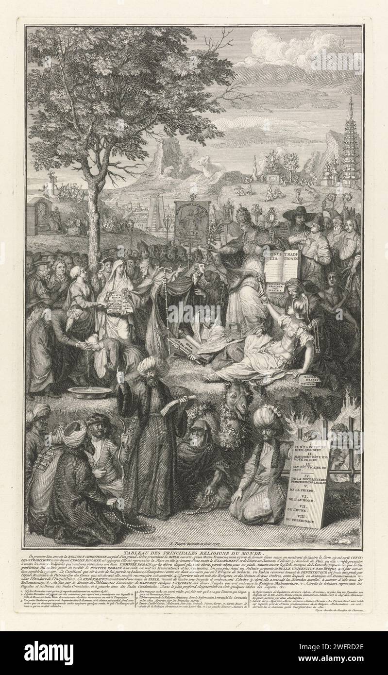 Vorstellungskraft der wichtigsten Religionen der Welt, Bernard Picart, 1727 gedruckte allegorische Darstellung mit der weiblichen Personifikation der römischen Kirche in der Mitte, gekrönt mit einem Diadem. Sie trampelt einen Rabbiner mit einem hebräischen Text und der Personifikation des Römischen Reiches, der ein Bild von Victoria in den Händen hält. Aberglaube (Idolatria) versucht, das Bild von ihr zu machen. Von einem Baum die weibliche Personifikation des christlichen Glaubens hinterlassen, eine offene Bibel in den Händen. Für sie ein Priester, der eine Frau getauft hat. Im Vordergrund einige Muslime, die zu einem Prediger aufschauen. Einer der Stockfoto