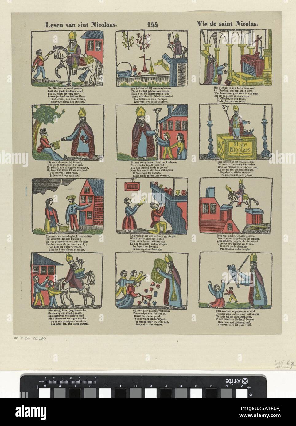 Leben der Sint Nicolaas / Vie de Saint Nicolas, 1800 - 1833 Print Blatt mit 12 Aufführungen des Festes der Sint Nicolaas. In jedem Bild befindet sich ein vierzeiliger Vers auf Niederländisch und ein zweizeiliger Vers auf Französisch. In der Mitte nummeriert: 144. Turnwood Papier Buchdruck Festlichkeiten auf St. Nicholas (Eva) (5. Dezember). Der Bischof Nikolaus von Myra (oder Bari); mögliche Attribute: Anker, Boot, drei goldene Kugeln (auf einem Buch), drei Geldbörsen, drei Kinder in einer Badewanne, drei Mädchen Stockfoto