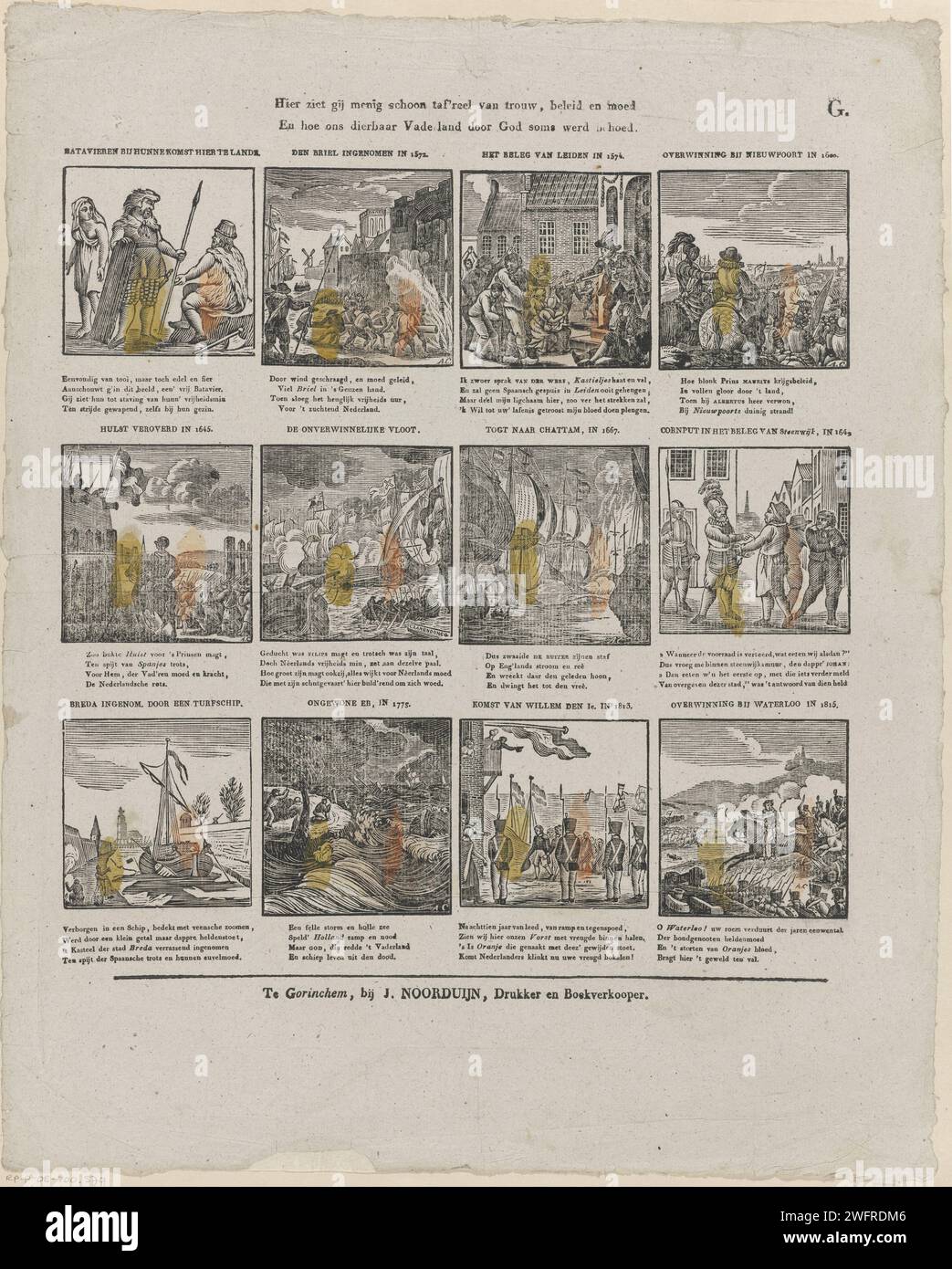 Hier sehen Sie viele saubere taf'Walze des Glaubens, der Politik und des Mutes / und wie unsere liebe Heimat manchmal von Gott beschützt wurde, Alexander Cranendoncq, 1819 - 1840 Print Blatt mit 12 Darbietungen von Ereignissen aus der niederländischen Geschichte, einschließlich der Belagerung von Leiden im Jahr 1574, die Schlacht von Nieuwpoort 1600 und die Schlacht von Waterloo 1815. Unter jedem Bild eine Beschriftung, über jedem Bild ein Titel. Oben rechts markiert: G. Gorinchem Papier Buchdruck Geschichte bis Blei. Stechpalme. Steenwijk. Waterloo. Nieuwpoort (Belgien) Stockfoto