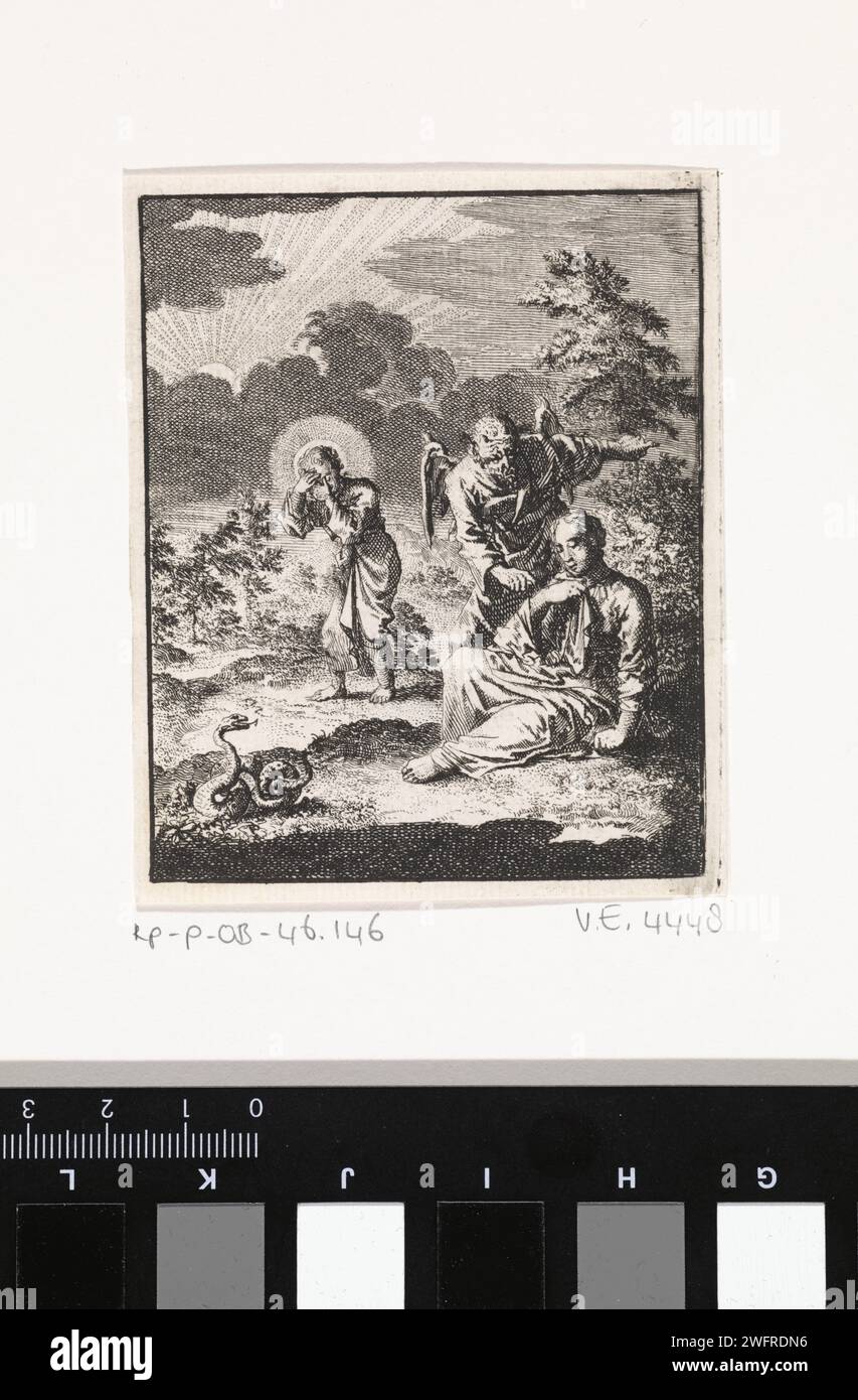 Devil weiht die personifizierte Seele, um Christus zu verlassen, Jan Luyken, 1714 Amsterdamer Druckpapier, das Christus und die Seele ätzt. Aktivitäten des Teufels(s) Stockfoto