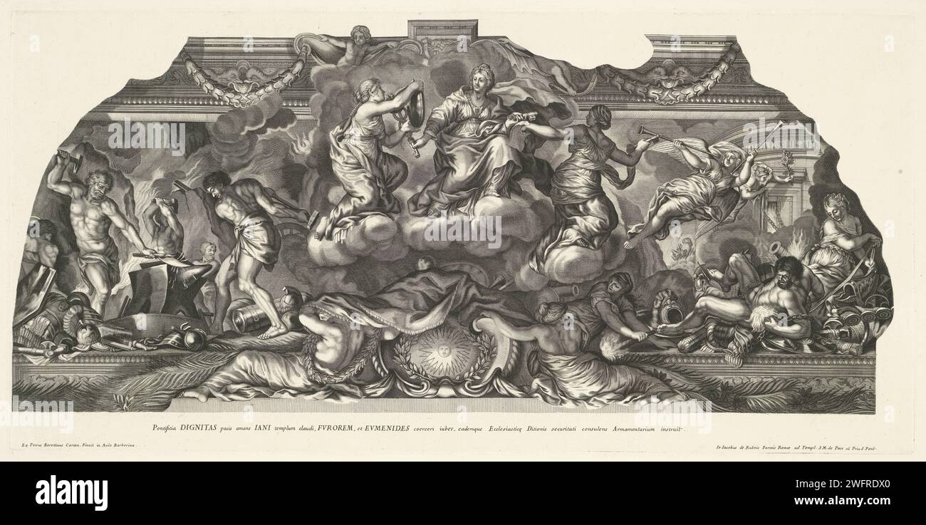 Gewölbedekoration von Pallazzo Barberini, Anonym, nach Pietro da Cortona, 1692 - 1762 Druck Teil des Gewölbes im Salon des Palazzo Barberini mit Auto rità pontifa flankiert von Vorsicht und Ruhm. Links vulcanus und Cycloop. Lateinischer Text in STUDMARGE. Druckerei: Italien Gemälde von: Romepublisher: RomeVaticaanstadRom Papierstich (Geschichte) Vulkan (Hephaistos). Zyklopen als Mitschmiede von Vulkan, in der Schmiede des Gottes. Prudentia (Prudence) als römische Personifikation. Ehre, Herrlichkeit; 'Ampiezza della Gloria', 'Gloria', 'Gloria de prencipi', „Gloria & Honore“, „Honor Stockfoto