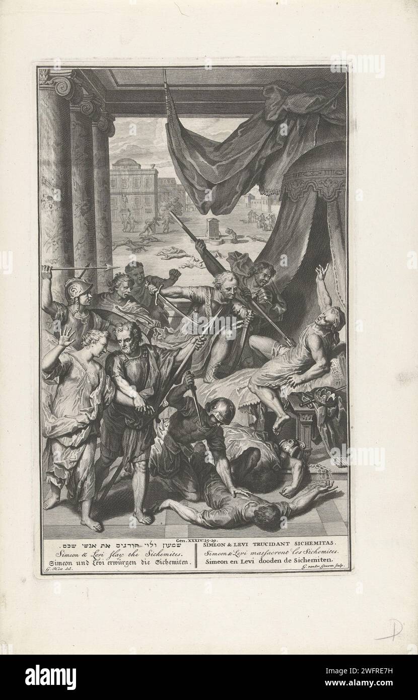 Simeon und Levi töten die Sichemiten, Gilliam van der Gouwen, nachdem Gerard Hoet (I), 1728 gedruckt hatte, greifen die Brüder Simeon und Levi die Sichemiten an, wenn sie krank in ihrem Bett sind. Einer der Brüder bringt Dina zurück nach Jakob (Gen. 32:24). Der Rest der Stadt wird im Hintergrund geplündert. Der Druck hat hebräische, lateinische, französische, englische, deutsche und niederländische Untertitel. Printmacher: Amsterdampublisher: Die Haager Papiergravur Simeon und Levi töten alle Schäferiten und bringen Dinah nach Hause, während die anderen Brüder die Stadt plündern Stockfoto