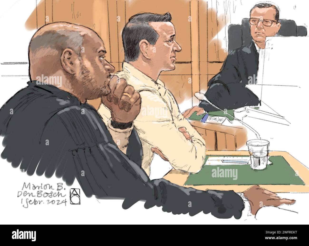 DEN BOSCH - Gerichtsurteil von Marlon B. (M) und Rechtsanwalt Sewgobind (L) während einer materiellen Verhandlung. Der Ex-Freund der verstorbenen Silvana Heber wird des Mordes und der Beseitigung ihrer Leiche verdächtigt. Im November 2022 wurde Hebers leblose Leiche in einem Waldgebiet gefunden, nachdem er drei Tage lang verschwunden war. ANP ALOYS OOSTERWIJK niederlande Out - belgien Out Stockfoto