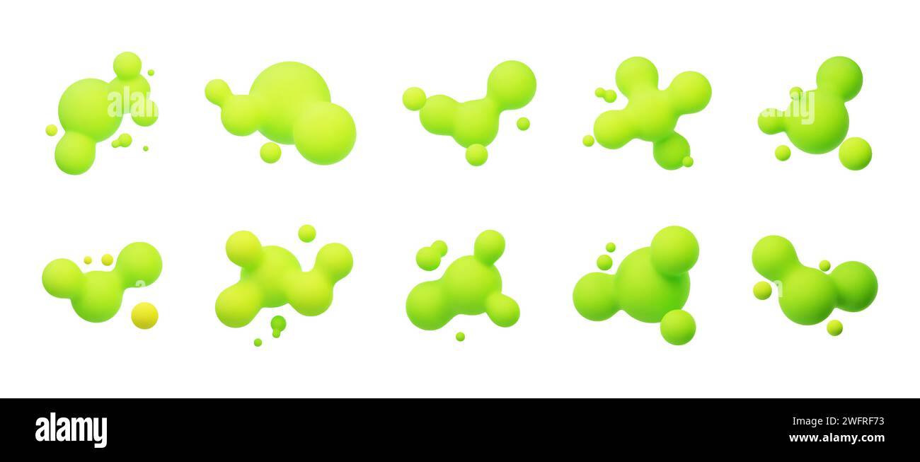 Säuregrüne 3D-Morphing-Kugeln. Flüssige Klumpen wie Lavalampen. Flüssige 3D-Metaballs. Bunte Vektor-Illustration für Karten, Poster, Werbung, Flyer. I Stock Vektor