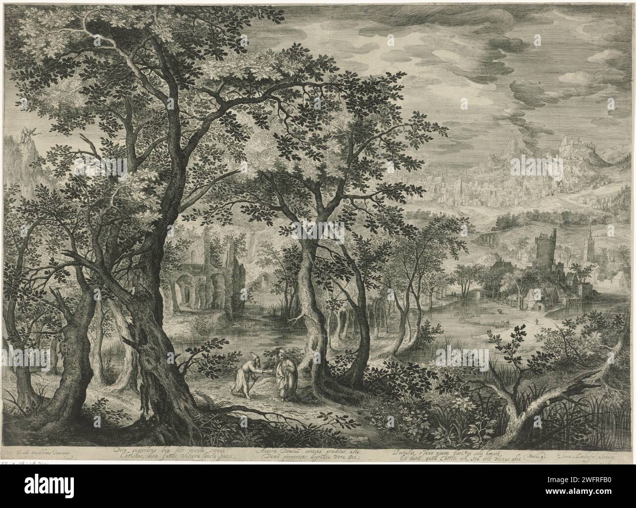 Berglandschaft mit der Versuchung Christi, Jan van Londerseel, nach David Vinckboons, 1580–1625 Druck Berglandschaft mit Christus und dem Teufel in Form eines alten Mannes in Mönchen. Der Teufel bietet Christus einen Stein an, den er in ein Brot verwandeln muss. Am Rand eine Unterschrift in lateinischer Sprache, Bibelbezug auf MAT. 4. Papiergravur: "Befehle diesen Steinen, Brotlaibe zu werden"  Verführung Christi in der Wüste. Berge Stockfoto