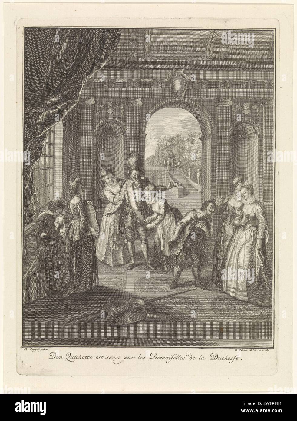 Don Quijote umgeben von Hofdamen, Bernard Picart, nach Karl-Antoine Coypel, 1732 - 1733 Druck Don Quijote wird von den Hofdamen der Herzogin serviert. Am Rand eine Beschriftung auf Französisch. Amsterdam Papierätzung / Gravur Don Quixote Stockfoto