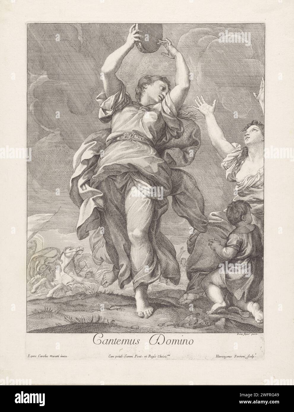 Miriam mit dem Tamboerijn, Girolamo Ferroni, nach Carlo Maratta, 1697–1750 Druck nach der Überquerung des Roten Meeres, nimmt Miriam ihr Tambourin und beginnt zu tanzen. Im Hintergrund die ertrinkende Armee des Pharao. Druckerei: Italien Design von: ItalyVaticaanstad Papierätzung Miriam nimmt eine Tamburine auf und tanzt; alle Frauen folgen ihr Stockfoto