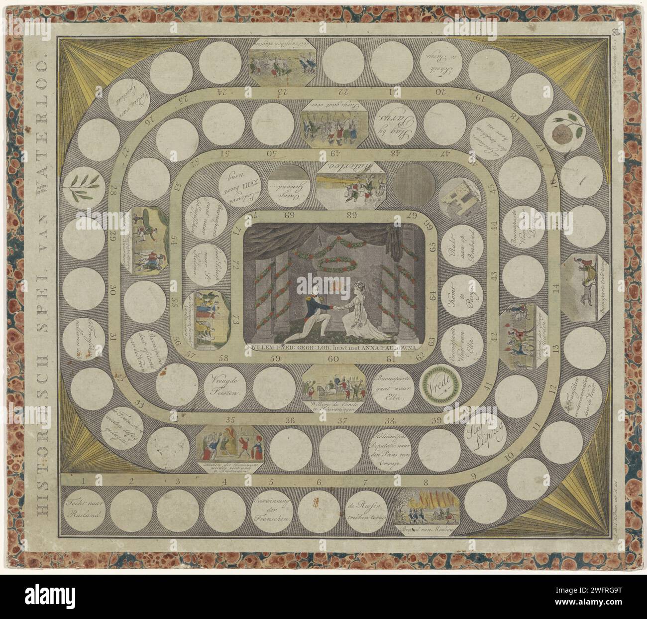Historisches Spiel von Waterloo, 1816 - 1817 Druck. Gameboard Board Spiel mit Spirale mit Fächern von 1 bis 73 nummeriert. Verschiedene Darbietungen historischer Ereignisse von der Reise nach Russland bis zur Schlacht von Waterloo. Im Mittelfeld eine Aufführung der Ehe von Willem II. Und Anna Paulowna Romanowa. Titel links vom Brettspiel. Amsterdam Papier. Pappe. Marmor-Papier-Brettspiele. Brettspiele von Chance Waterloo. Amsterdam. Moskau Stockfoto