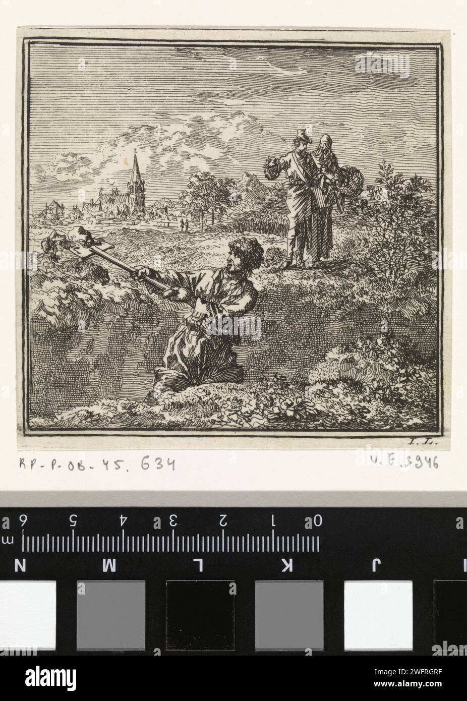Mann gräbt eine tiefe Grube auf der Suche nach Senfsamen, Jan Luyken, 1711 Druck Amsterdam Papier ätzt Senf. Grube, Loch. Suche nach Schätzen oder Suche nach Schätzen Stockfoto