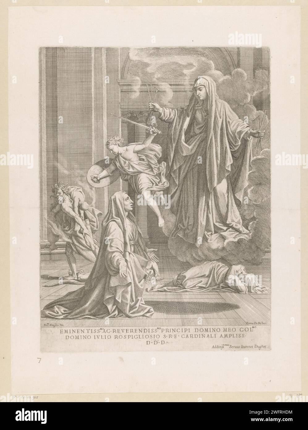 Maria erscheint auf der Heiligen Francisca van Rome, Pietro del Po, nach Nicolas Poussin, 1620–1667 Druck Maria erscheint auf der knienden Francisca van Rome und kündigt das Ende der Pest in Rom an. Es gibt Opfer der Krankheit in der Nähe von Francisca. Im Hintergrund links ein Engel mit einem Schwert, das die Personifizierung der Pest antreibt, eine Figur mit Schlangen wie Haaren, die ein Opfer der Pest über die Schulter trägt. Italien Papierstich / Radierung der Witwe und Gründerin der Oblaten von Tor de' Specchi, Frances von Rom (Francesca Romana); mögliche Attribute: Schutzengel, Infan Stockfoto