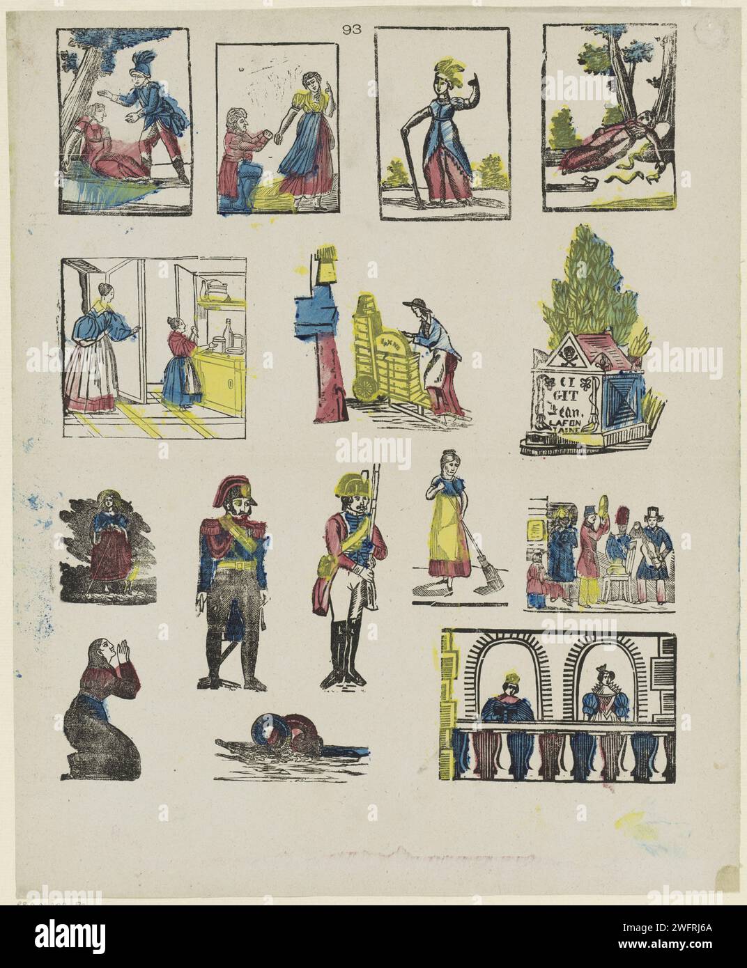 Mehrere Figuren, 1827 - 1894 Druck Blatt mit 15 Darstellungen verschiedener Art, darunter Darstellungen von Soldaten, einem Meeresungeheuer und Prinzen. In der Mitte nummeriert: 93. Schaerbeek-Papier-Buchdruckzeichen (menschliche Typen). Herrscher, souverän. Herrscher, Herrscher - BB - weibliche Herrscherin. Der Soldat, das Leben des Soldaten Stockfoto