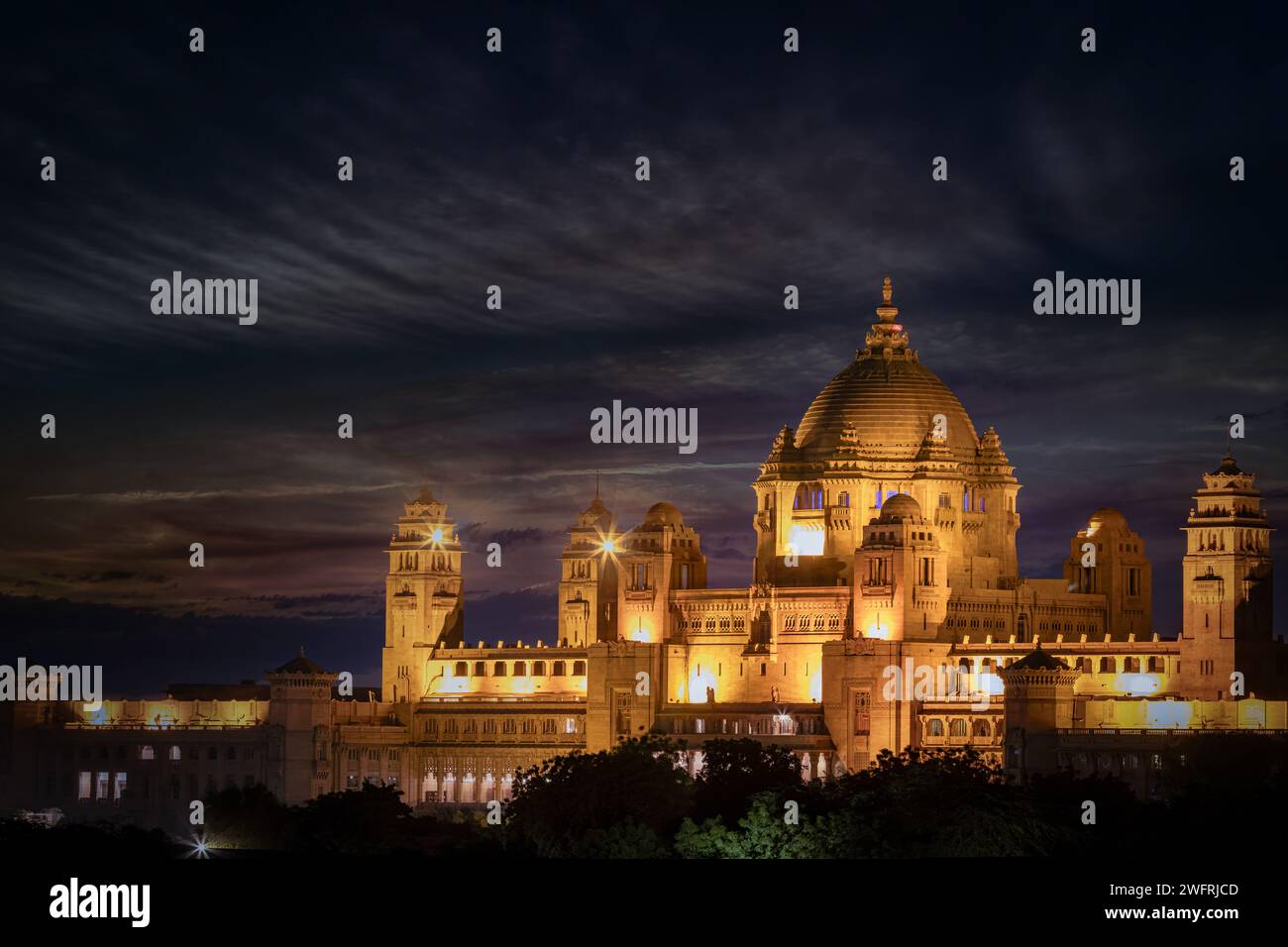 Bei Sonnenuntergang Umaid Bhawan Palace, Jodhpur, Rajasthan, Indien Stockfoto