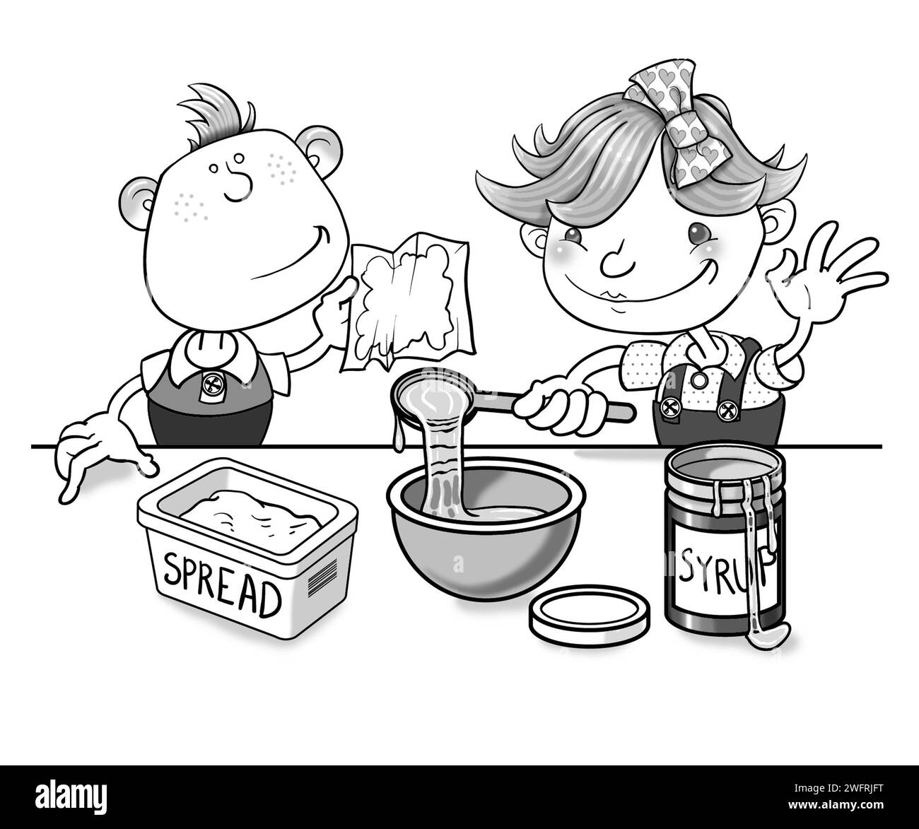 Schwarz-weiß-Kunst, Vorschulkinder kochen zusammen, Pudding machen, Schüssel, Aufstrich und goldenen Sirup verwenden, lehrreich, kochen lernen, Essen Stockfoto