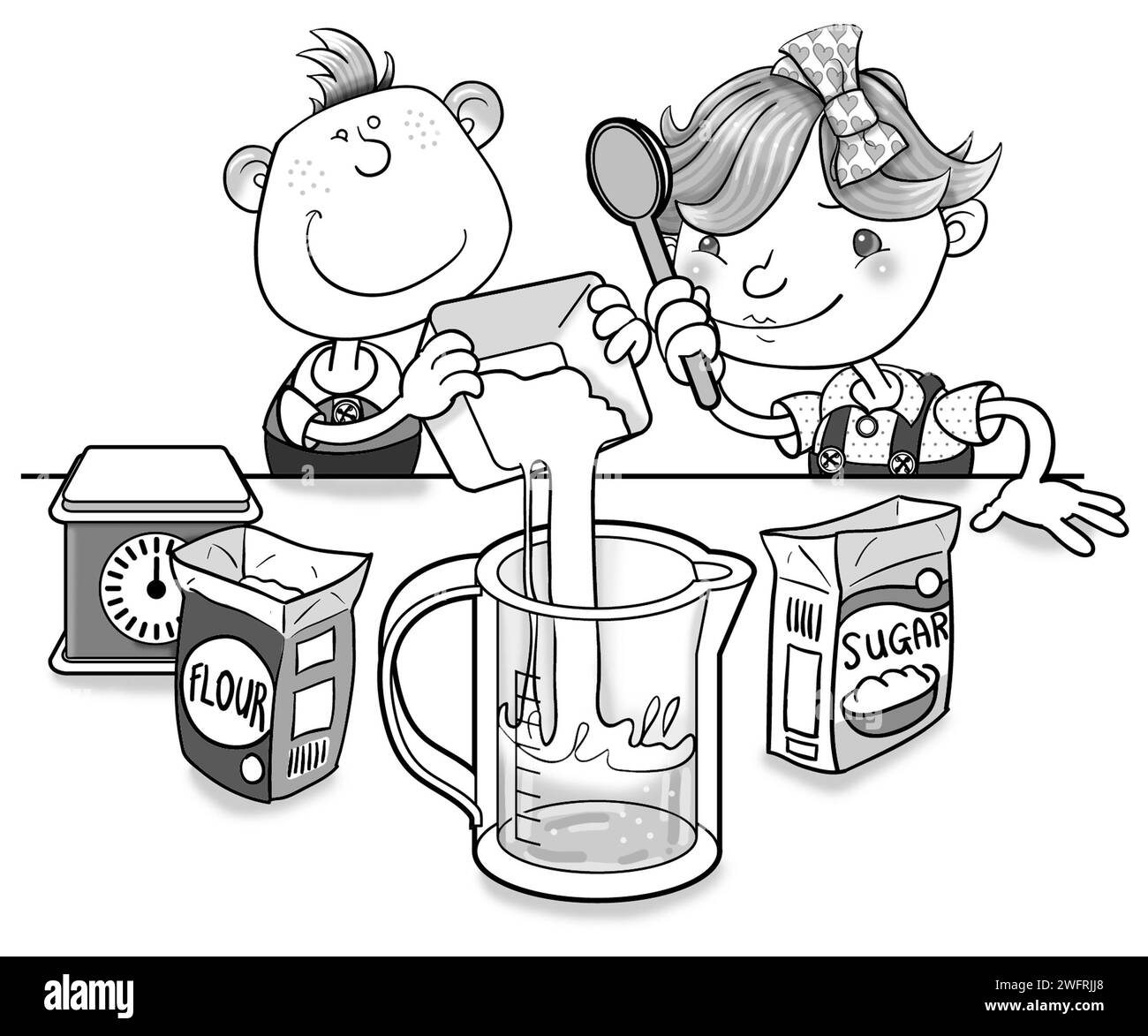 Schwarz-weiß-Kunst, weißer Junge, weißes Mädchen, Vorschulkinder, kochen lernen, kochen, Backen, Waage, Mehl, Zucker, Messkrug, Lehren von lebensgefährlichen Tötungen Stockfoto