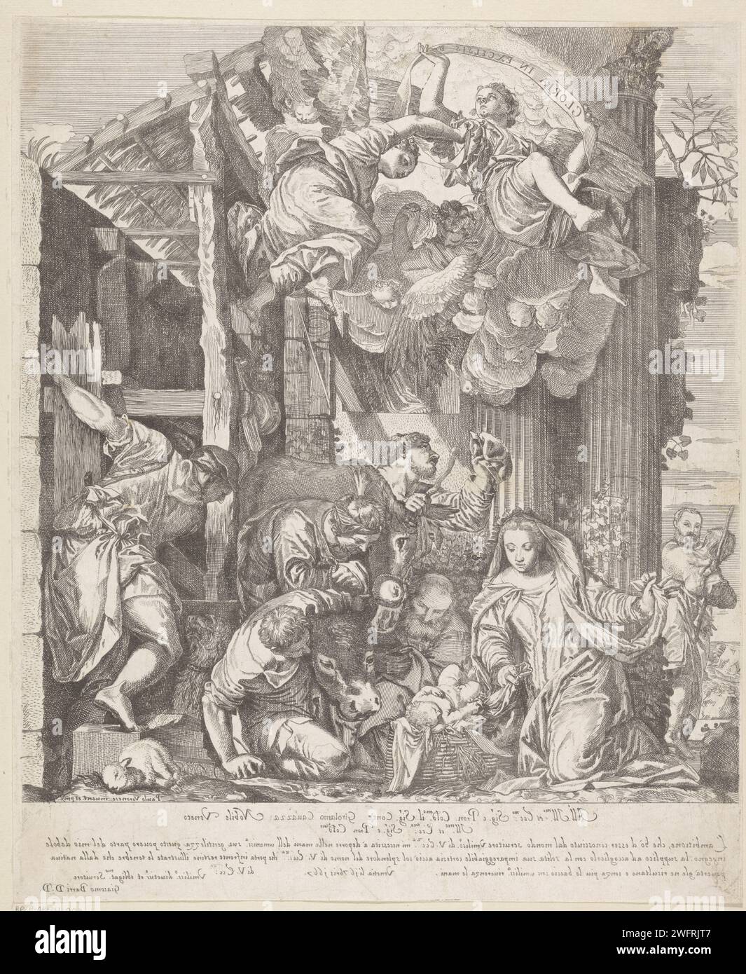 Anbetung durch die Hirten, Giacomo Barri, nach Paolo Veronese, 1667 Druck unter dem Dach eines alten Holzstalls, Maria kniet und das Christkind in der Krippe zeigt eine Gruppe von Hirten. Mit dem Ochsen und dem Esel. In der Luft Engel, von denen eine Banderole mit dem Text: Gloria in Excelsis d [eo] in den Händen hält. Druckerei: Italien Malerei von: Romejater Design von: Rom Papierätzung / Gegenbeweis Anbetung des Christuskindes durch die Hirten; Maria und Josef anwesend Stockfoto