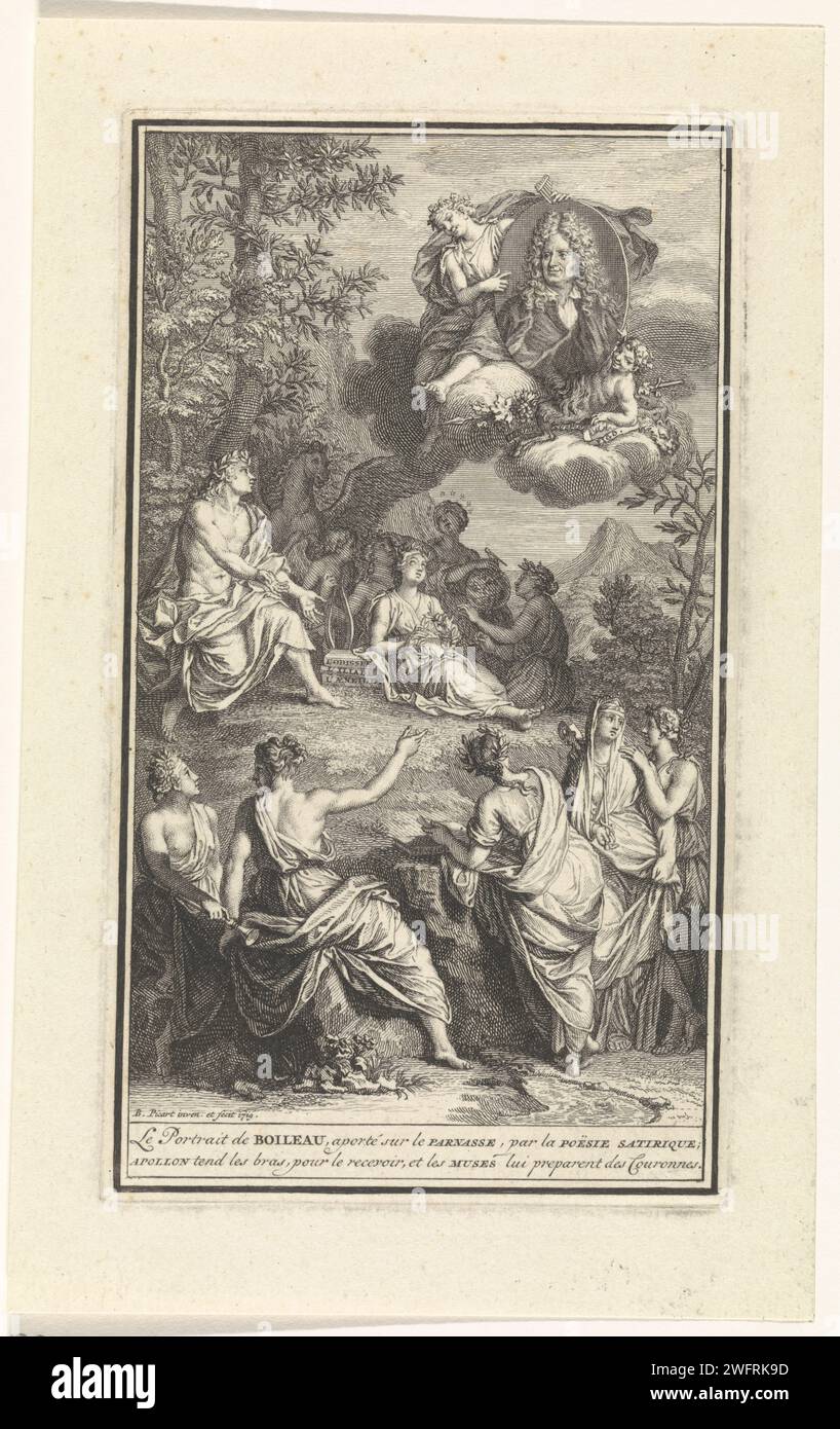 Porträt von Nicolas Boileau zum Parnassus getragen, Bernard Picart, 1719 Druck satirische Poesie trägt das Porträt des französischen Schriftstellers Nicolas Boileau zum Parnassus. Apollo und die Musen warten auf den Berg, der das Porträt des Schriftstellers lachen wird. Amsterdamer Papierätzung / Gravur Parnassus, heilig für Apollo Musagetes. Apollo und die Musen, Apollo Musagetes. Schriftsteller, Dichter, Autor. Symbolische Darstellungen, Allegorien und Embleme  satirische Poesie; 'Poema satirico' (Ripa) Stockfoto