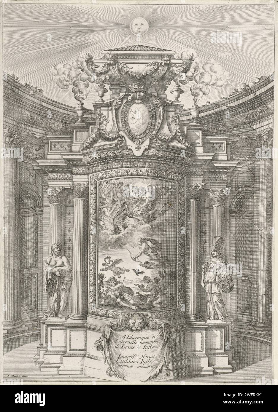Denkmal für Ludwig XIII., König von Frankreich, John Valdor (II) (zugeschrieben), nach John Valdor (II), 1626–1670 Druck Denkmal für Ludwig XIII., König von Frankreich, mit Minerva auf der rechten und Herkules auf der linken Seite. Paris (möglicherweise) Papierätzung/Gravur Grabbau, monumentales Grab. Spezifische Aspekte, allegorische Aspekte des Herkules; Herkules als Patron. Besonderheiten, allegorische Aspekte von Minerva; Minerva als Patronin Stockfoto