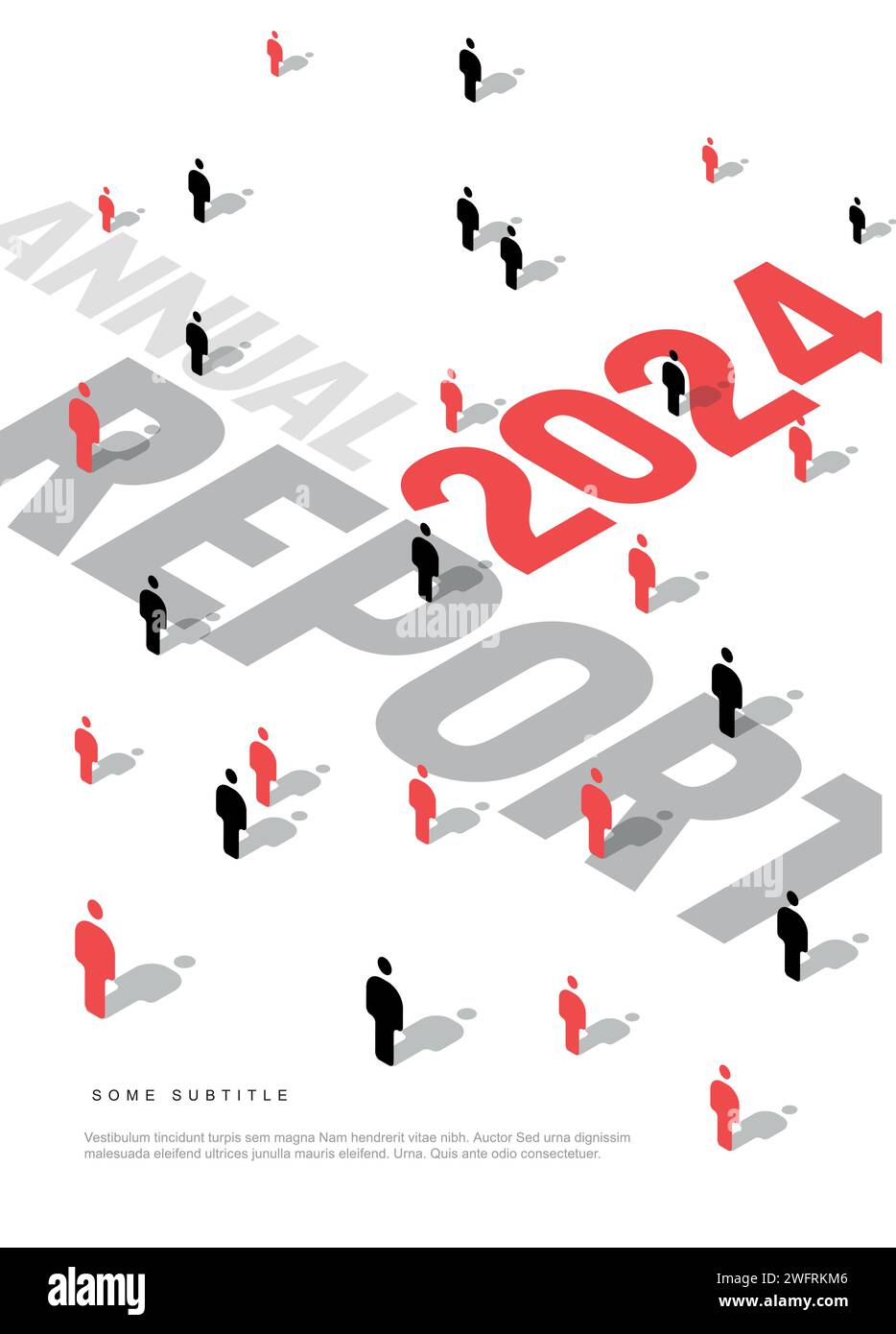 Ein heller Geschäftsbericht des Unternehmens zeigt isometrische Figuren auf weißem Hintergrund mit großer Typografie. Das abstrakte Design suggeriert Stock Vektor