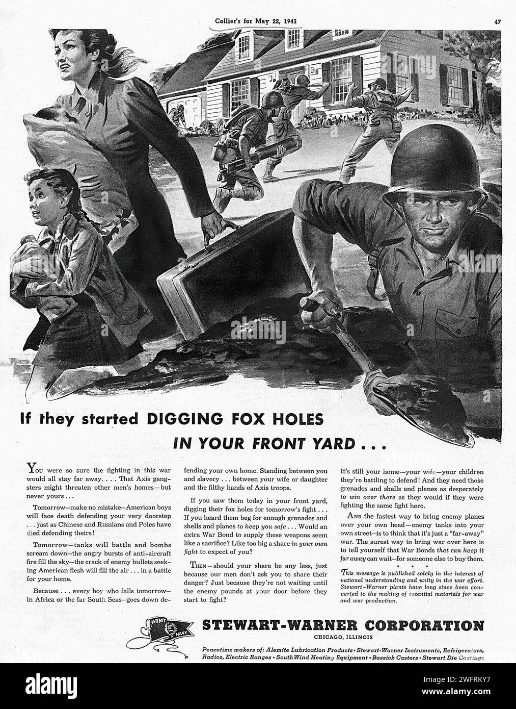 WENN SIE ANFINGEN, FUCHSLÖCHER IN DEINEM VORGARTEN ZU GRABEN...“ Eine Schwarzweiß-Werbung aus der Zeit des Zweiten Weltkriegs, in der eine Gruppe von Soldaten Fuchslöcher in einem Vorhof graben. Die Soldaten tragen Helme und Schaufeln. Der Hintergrund zeigt ein Haus und Bäume. Der grafische Stil der Werbung ist typisch für diese Zeit, mit fettgedrucktem Text in Großbuchstaben und einer dramatischen Darstellung der Szene.- amerikanische Werbung (USA), Ära des Zweiten Weltkriegs Stockfoto