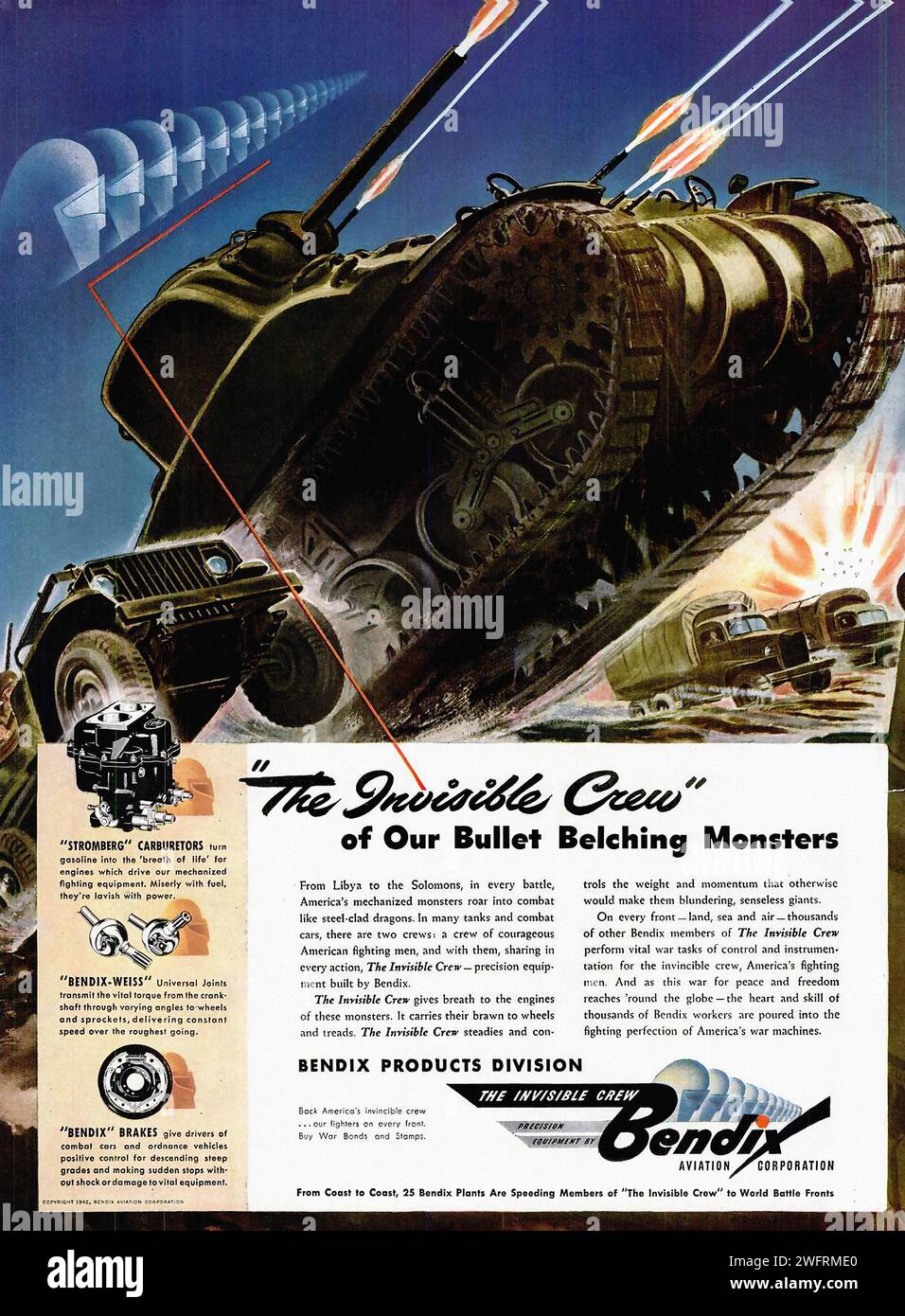 „The Invisible Crew of Our Bullet belching Monsters“ dieses Bild ist eine Vintage-Werbung für Bendix Aviation, die auf die Zeit des Zweiten Weltkriegs in den Vereinigten Staaten zurückgeht. Die Werbung mit dem Titel „The Invisible Crew of Our Bullet belching Monsters“ zeigt einen großen Panzer mit einem Bendix-Logo an der Seite, der vor einer wüstenähnlichen Umgebung mit blauem Himmel und Wolken im Hintergrund steht. Der Text auf der Werbung lautet: „Von der Waffe zur Kanone spielt Bendix eine wichtige Rolle in der „Unsichtbaren Crew“ der amerikanischen Kampfmaschinen“. Der grafische Stil des Bildes ist auffällig und dramatisch, charakteristisch Stockfoto