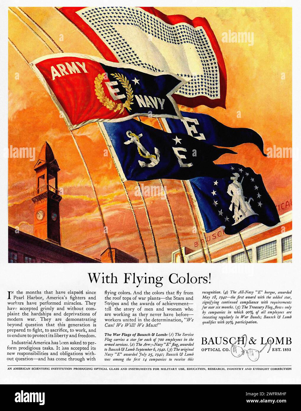„MIT FLIEGENDEN FARBEN!“ Propagandaplakat des Zweiten Weltkriegs im Vintage-Stil mit einer stilisierten Illustration der amerikanischen Flagge. Der fettgedruckte Text in Großbuchstaben „MIT FLIEGENDEN FARBEN!“ Wird gut sichtbar angezeigt. Der Hintergrund zeigt einen rot-orangen Himmel mit einem Uhrenturm und Gebäuden. - Amerikanische Werbung, Ära des Zweiten Weltkriegs Stockfoto