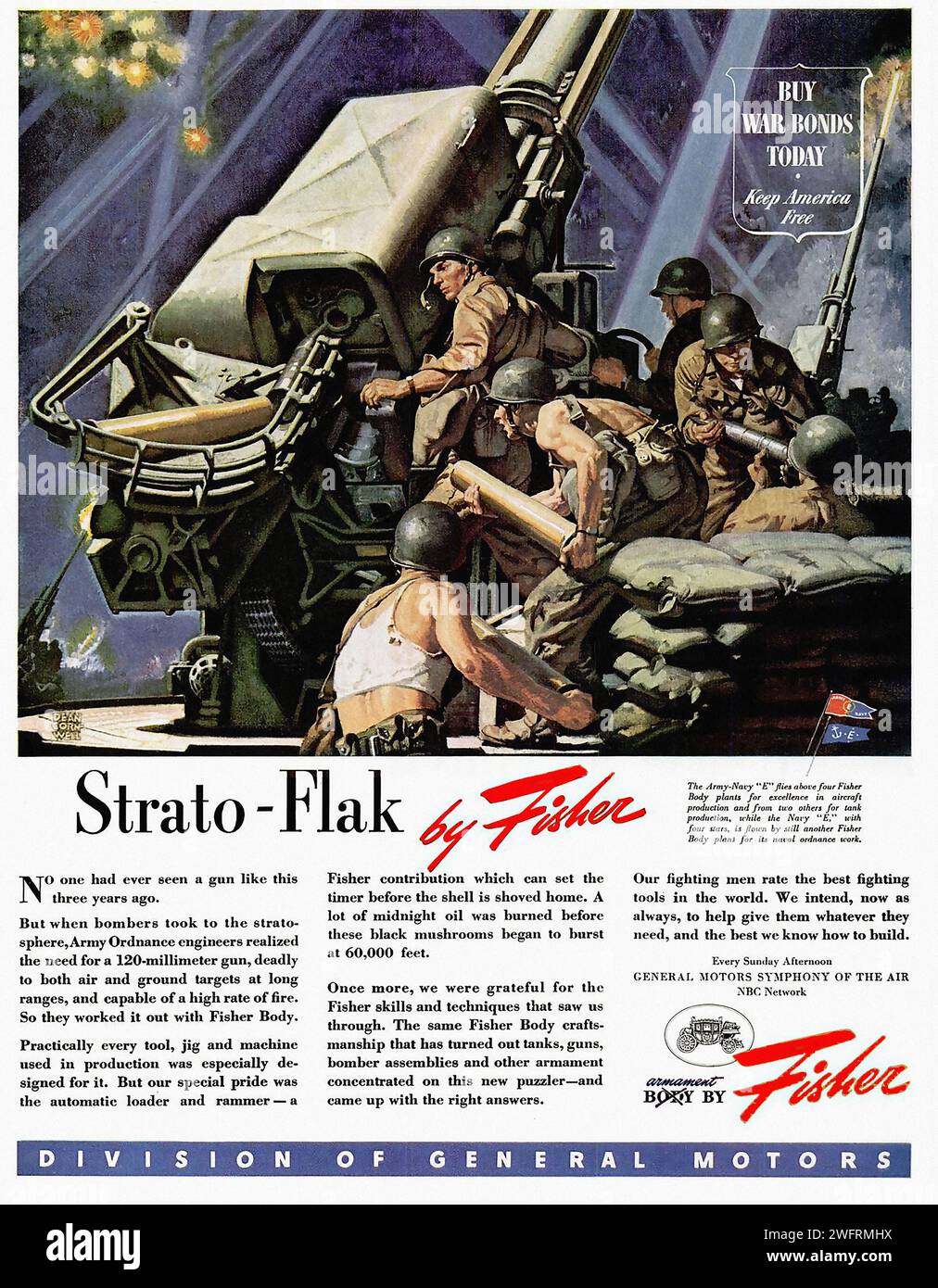 „KAUF HEUTE KRIEGSANLEIHEN halte Amerika stark“ „Strato-Flak by Fisher“ „DIVISION OF GENERAL MOTORS“ „GENERAL MOTORS FISHER AIR DIVISION“ Ein US-Propagandaplakat aus der Zeit des Zweiten Weltkriegs mit einer Gruppe von Soldaten, die eine Strato-Flak-Flugabwehrkanone betreiben. Das Poster ist in einem realistischen Stil mit einem blauen und grauen Farbschema gehalten. - Amerikanische Werbung, Ära des Zweiten Weltkriegs Stockfoto