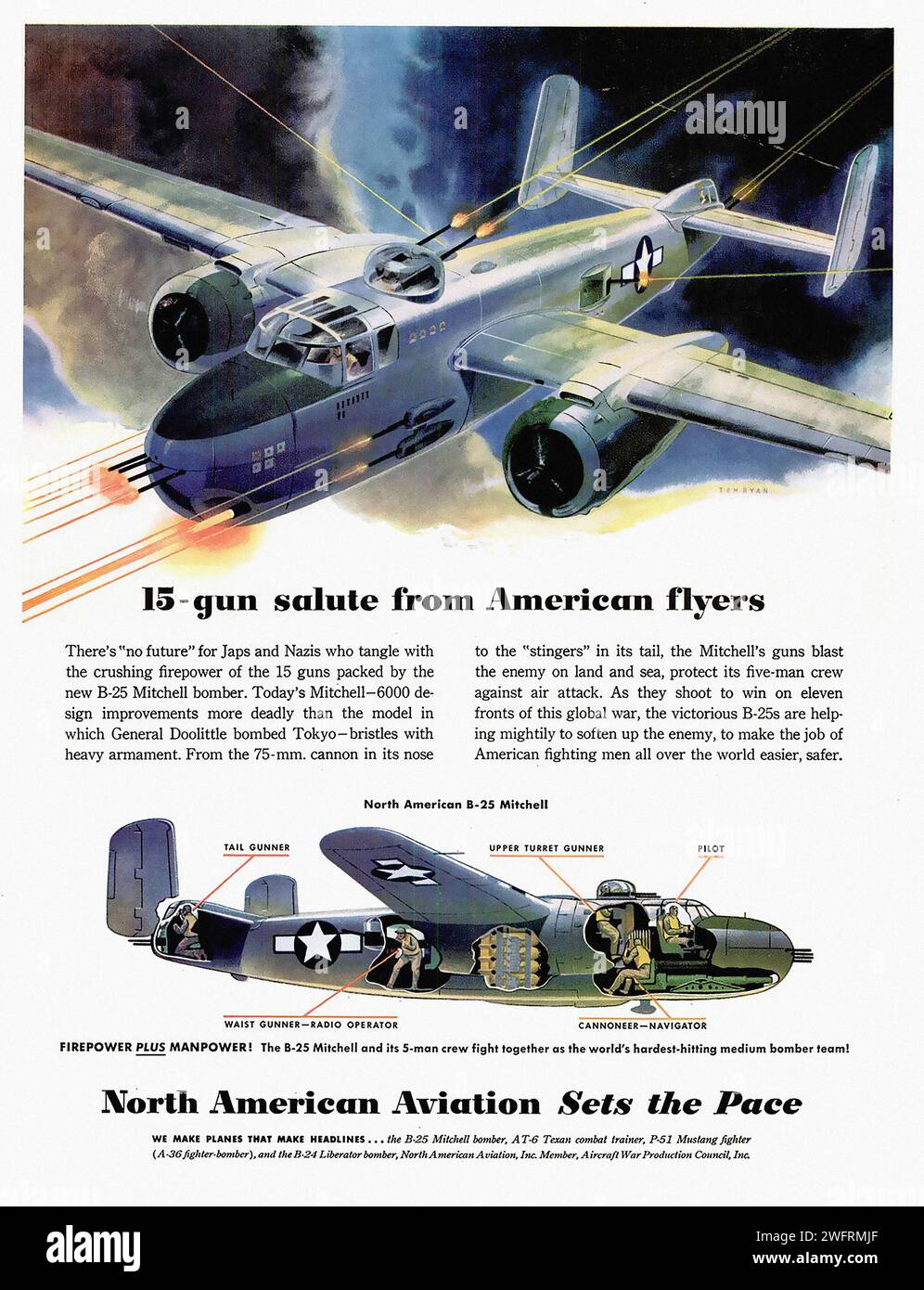 „15-Gun Salute from American Flyers“ Vintage-Propagandaplakat des Zweiten Weltkriegs mit einem nordamerikanischen B-25 Mitchell Bomberflugzeug im Flug mit 15 Gun Salute. Das Poster ist in einem grafischen Stil mit kräftigen Farben und Text vor dem Hintergrund eines dunkelblauen Himmels mit Wolken und Explosionen gehalten. - Amerikanische Werbung, Ära des Zweiten Weltkriegs Stockfoto