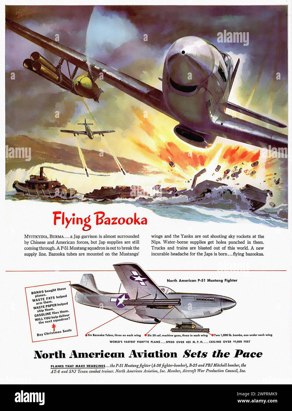 Fliegende Bazooka MYITKYINA, BURMA... eine Jap-Garnison ist fast von chinesischen und amerikanischen Streitkräften umgeben, aber Jap-Vorräte kommen immer noch durch. Ein P-51 Mustang Geschwader ist draußen, um die Versorgungsleitung zu unterbrechen. Bazooka-Röhren sind auf den Flügeln der Mustangs montiert und die Yanks schießen Himmelsraketen auf die Nips. Wasservorräte bekommen Löcher in sie. Trucks und Züge werden aus dieser Welt gejagt. Ein neuer unheilbarer Kopfschmerz für die Japaner wird geboren... fliegende Bazookas. North American P-51 Mustang Fighter die North American Aviation bestimmt die SCHLAGZEILEN... das P-51 Mustang Fighter Stockfoto