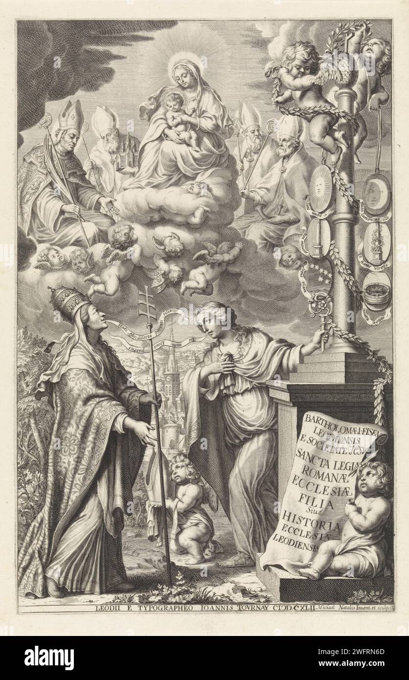 Allegorie in der Kirche und der Stadt Lüttich, Michel Natalis, 1642 drucken die Personifikation der Kirche, eine weibliche Figur mit päpstlichem Diadem und Stab, blickt auf. Auf den Wolken Maria und Kind, inmitten von vier Bischöfen von Lüttich: Maternus, Servaas van Maastricht, Lambertus van Maastricht und Hubertus. Gegenüber der Personifikation der Kirche befindet sich die Personifikation der Stadt Lüttich, eine Frau mit einem Stab in der Hand. Ein Putto mit einer Gehrung in den Händen vor der Kirche kniet vor ihr. Rechts eine Statue, an der sechs Schilde hängen. Im Hintergrund in der Landschaft das Zitat Stockfoto