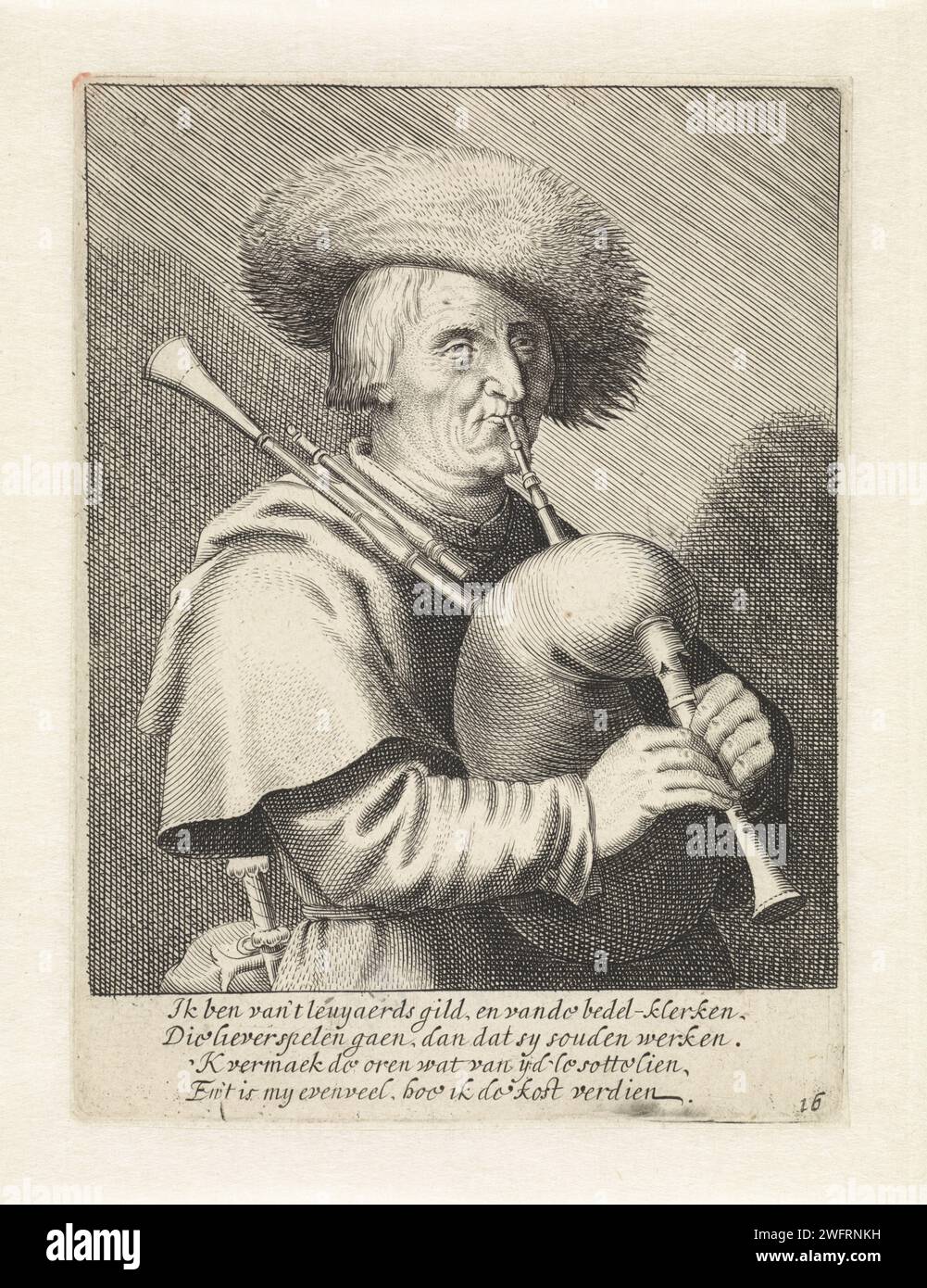 Dudelsack-Spieler, Jan van de Velde (II), 1633 Ein schlechter Dudelsack-Spieler. Sechzehnter Druck aus einer Serie von achtzehn. Amsterdam Papierätzung / Gravur Dudelsack, Musette. Die Armen Stockfoto