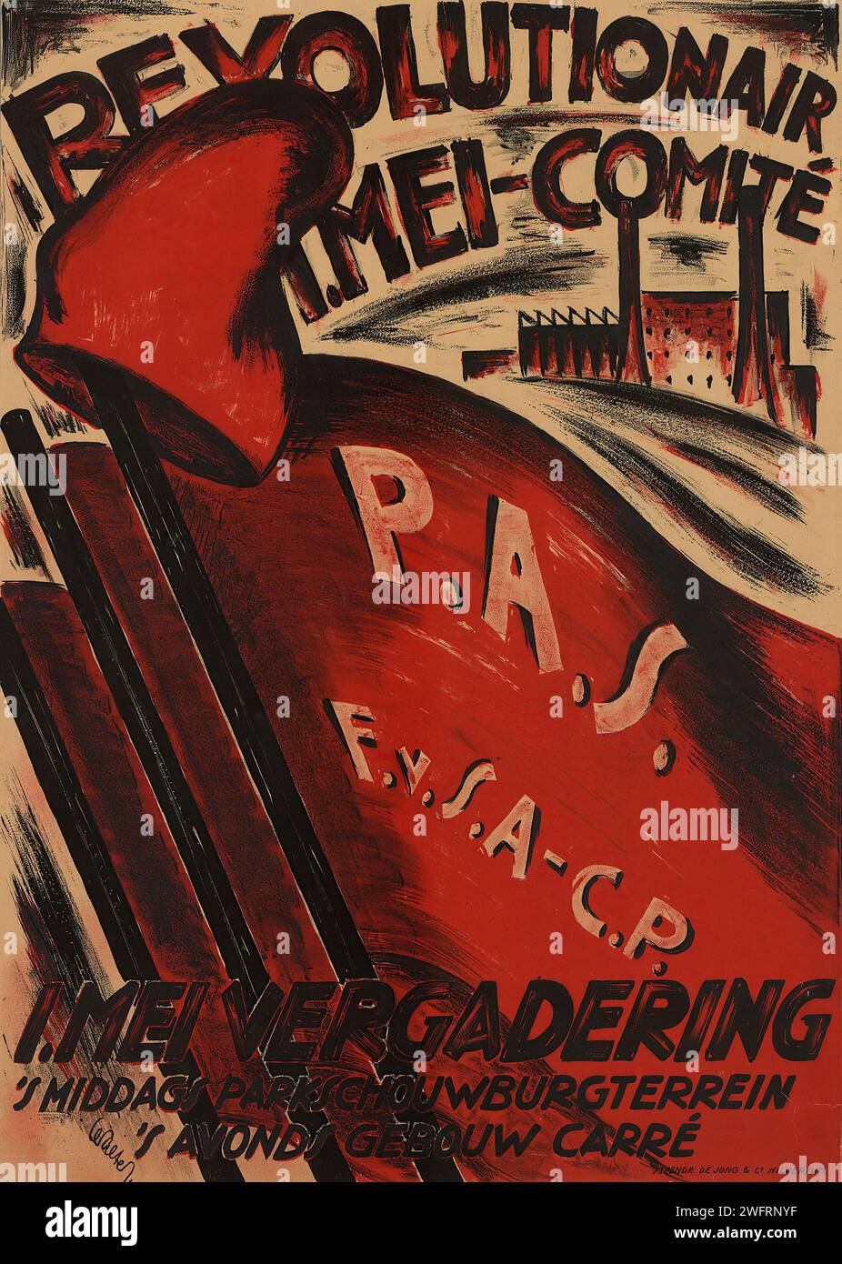 'REVOLUTIONAIR MEI-COMITÉ P.A.S. F.V.S.-C.P.' '1.MEI VERGADERING' ''S MIDDAG PARKSCHOUWBURGTERRIEN 'S AVOND GEBOUW CARRÉ' ÜBERSETZT IN 'REVOLUTIONÄR MAY COMMITTEE P.A.S. F.V.S.-C.P.' '1. MAI-MEETING' 'NACHMITTAG IM PARK THEATER-TERRASSENABEND IM CARRÉ GEBÄUDE'. Holländische Vintage-Werbung mit einem rot-schwarzen Poster im expressionistischen Stil mit feinem Text und dynamischen Figuren. Stockfoto