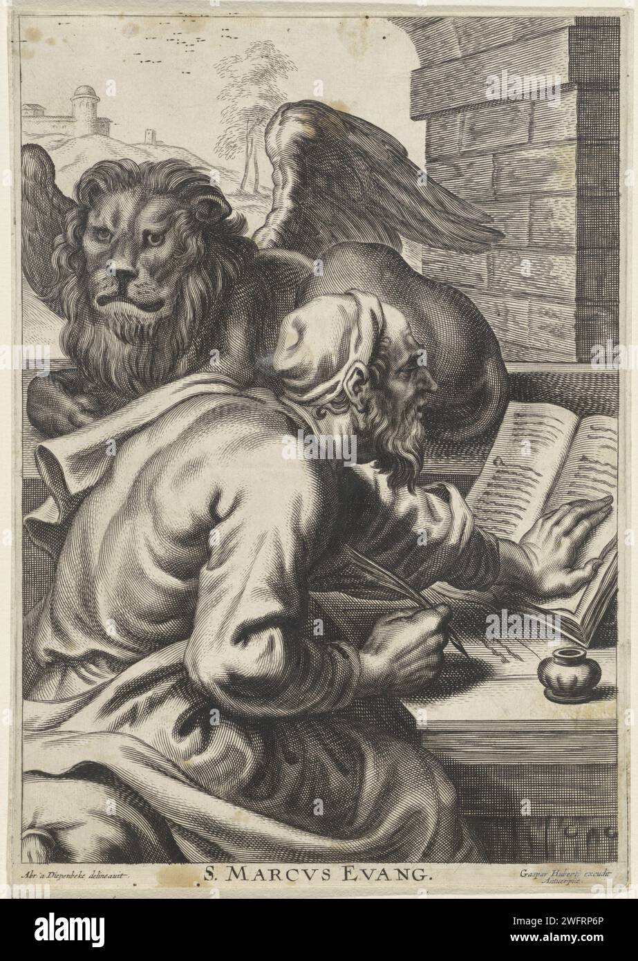 Evangelist Marcus, Anonym, nach Abraham van Diepenbeeck, 1661–1684 Druck der Evangelist Marcus schreibt an seinem Schreibtisch. Seine linke Hand steht auf einem offenen Buch. Er liegt einen geflügelten Löwen bei sich. In der Ferne ein Gebäude auf einem Hügel. Druckerei: Niederländer nach Zeichnung von: Südhollandspublisher: Antwerpener Papierstich Mark (Marcus) der Evangelist und Bischof von Alexandria; mögliche Attribute: Buch, (geflügelter) Löwe, Stift und Tintenhorn, Scroll Stockfoto