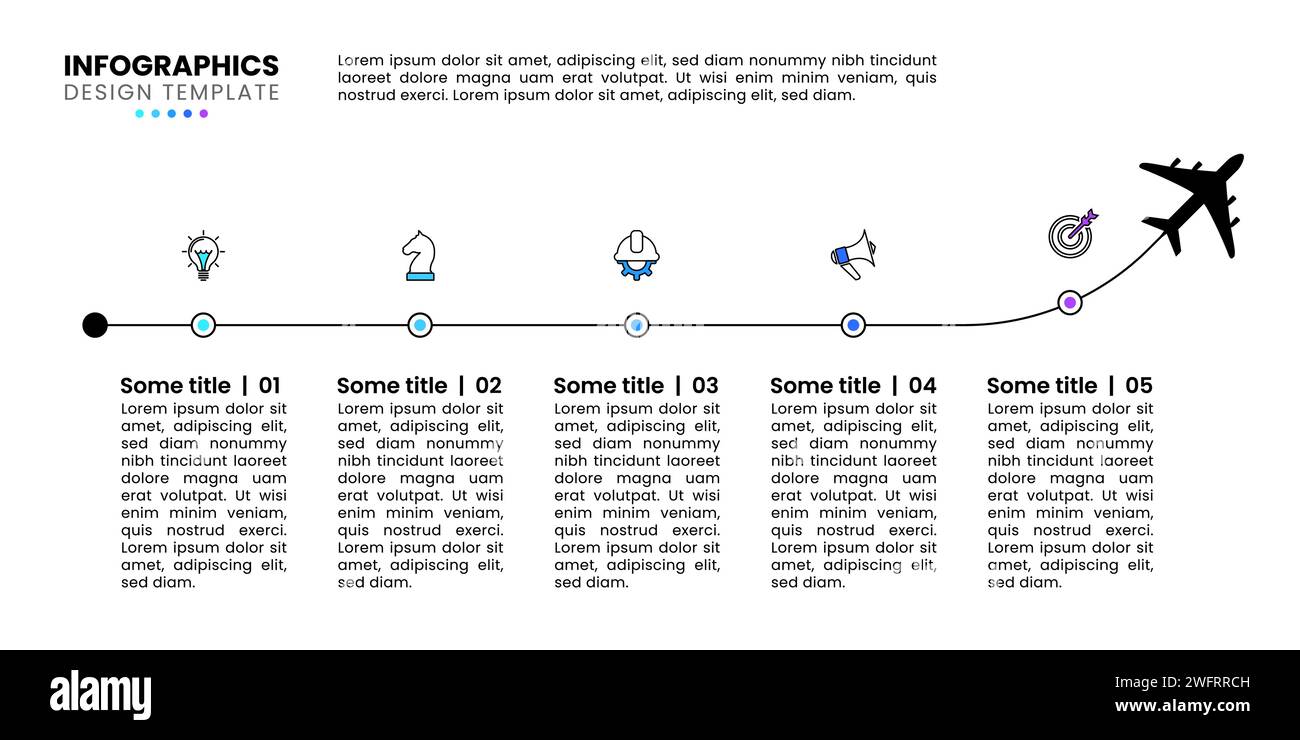Infografik-Vorlage mit Symbolen und 5 Optionen oder Schritten. Flugzeug. Kann für Workflow-Layout, Diagramm, Banner und Webdesign verwendet werden. Vektorabbildung Stock Vektor