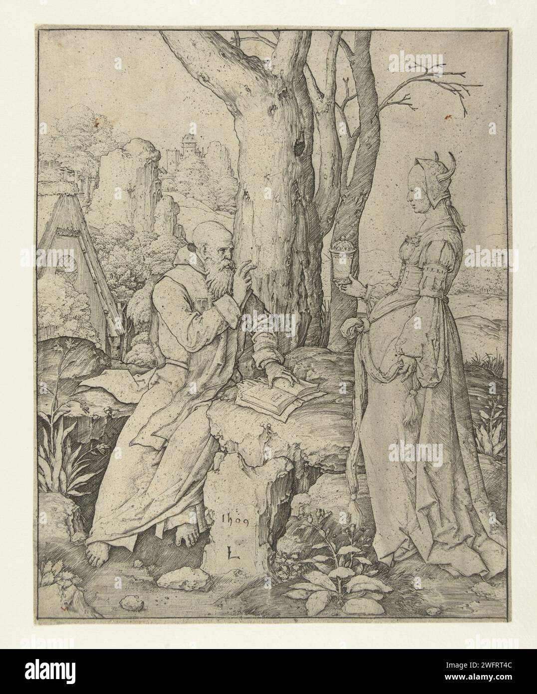 Die Versuchung des Heiligen Antonius, Lucas van Leyden, 1509 Druck Heiliger Antonius sitzend in der Landschaft mit Buch, vor ihm ist eine Frau mit Hörnern auf dem Kopf und einem Topf in der rechten Hand. Niedrige Länder Papiergravur Verführungen von St. Antonius Abt Stockfoto