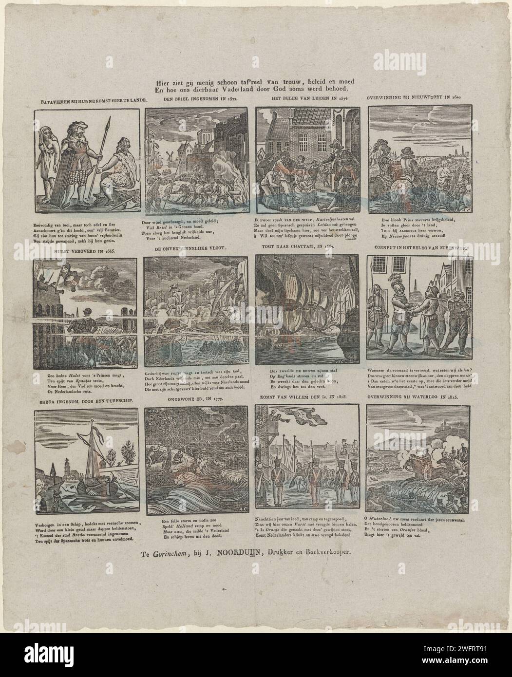 Hier sehen Sie viele saubere taf'Walze des Glaubens, der Politik und des Mutes / und wie unsere liebe Heimat manchmal von Gott beschützt wurde, Alexander Cranendoncq, 1819 - 1840 Print Blatt mit 12 Darbietungen von Ereignissen aus der niederländischen Geschichte, einschließlich der Belagerung von Leiden im Jahr 1574, die Schlacht von Nieuwpoort 1600 und die Schlacht von Waterloo 1815. Unter jedem Bild eine Beschriftung, über jedem Bild ein Titel. Gorinchem Papier Buchdruck Geschichte bis Blei. Stechpalme. Steenwijk. Waterloo. Nieuwpoort (Niederlande) Stockfoto