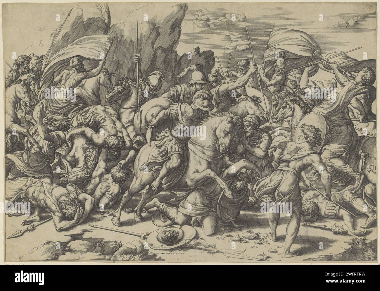Kämpfen Sie mit Schilden und Lanzen, Giovanni Jacopo Caraglio, nach Rafaël, 1515 - 1565 drucken Soldaten zu Pferd und zu Fuß im Kampf mit Lanzen und Schilden. Vielleicht die Schlacht zwischen Römern und Barbaren. Italien Papiergravur Kampf Stockfoto
