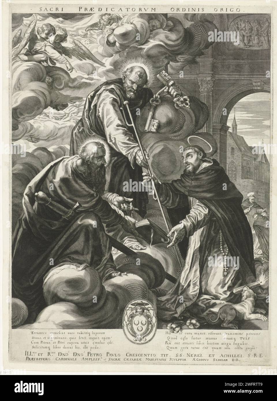 Dominicus erhält von Petrus und Paulus zu predigen, Aegidius Sadeler (II), nach Joseph Heintz (Il Giovane), 1611–1629 Druck der Heilige Dominikus kniet auf dem Boden für ein Stadttor. Peter und Paul erscheinen für ihn in den Wolken. Sie geben ihm eine Bibel und einen Gehstab und befehlen ihm, ihn zu predigen. Engelen über ihren Köpfen. Der Druck hat eine lateinische Unterschrift. Prager Papierstich St.. Dominic erhält den auftrag, zu predigen: St. Peter und St. Paulus erscheint ihm in einer Vision und gibt ihm einen Stab und ein Buch (die Evangelien) (+ Engel) Stockfoto