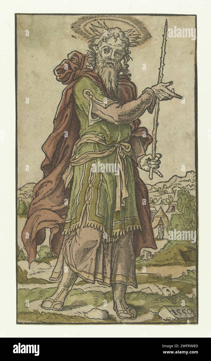 Moses, Monogrammist AI (16. Jahrhundert) (zugeschrieben), 1550 Druckpapier Moses (nicht im biblischen Kontext); mögliche Attribute: Lichtstrahlen oder Hörner auf seinem Kopf, Stange, Gesetzestabellen Stockfoto