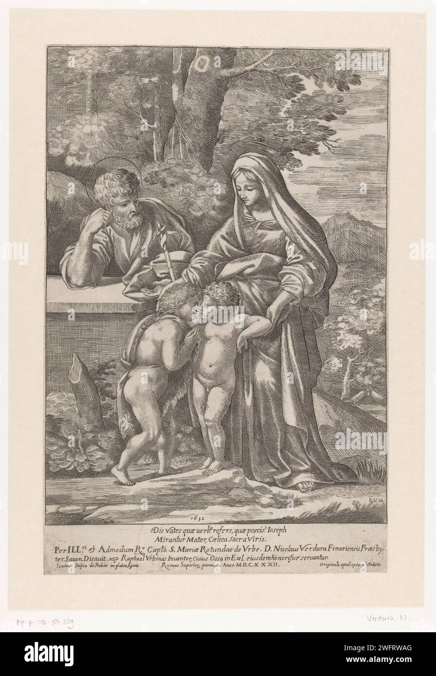 Heilige Familie mit Johannes de Boper, Anonym, nach Nicola Verdura, nach Rafaël, 1632 drucken Maria und Joseph in einer Landschaft. Für Maria stehen Christus und der junge Johannes der Täufer. Zweizeiliger lateinischer Text und Zuweisung am unteren Rand. Nach dem Druck von: Italien Design von: Italien Verlag: RomeItalyVaticaanstad Papier ätzend Holy Family with Johannes the Baptist (als Kind) Stockfoto