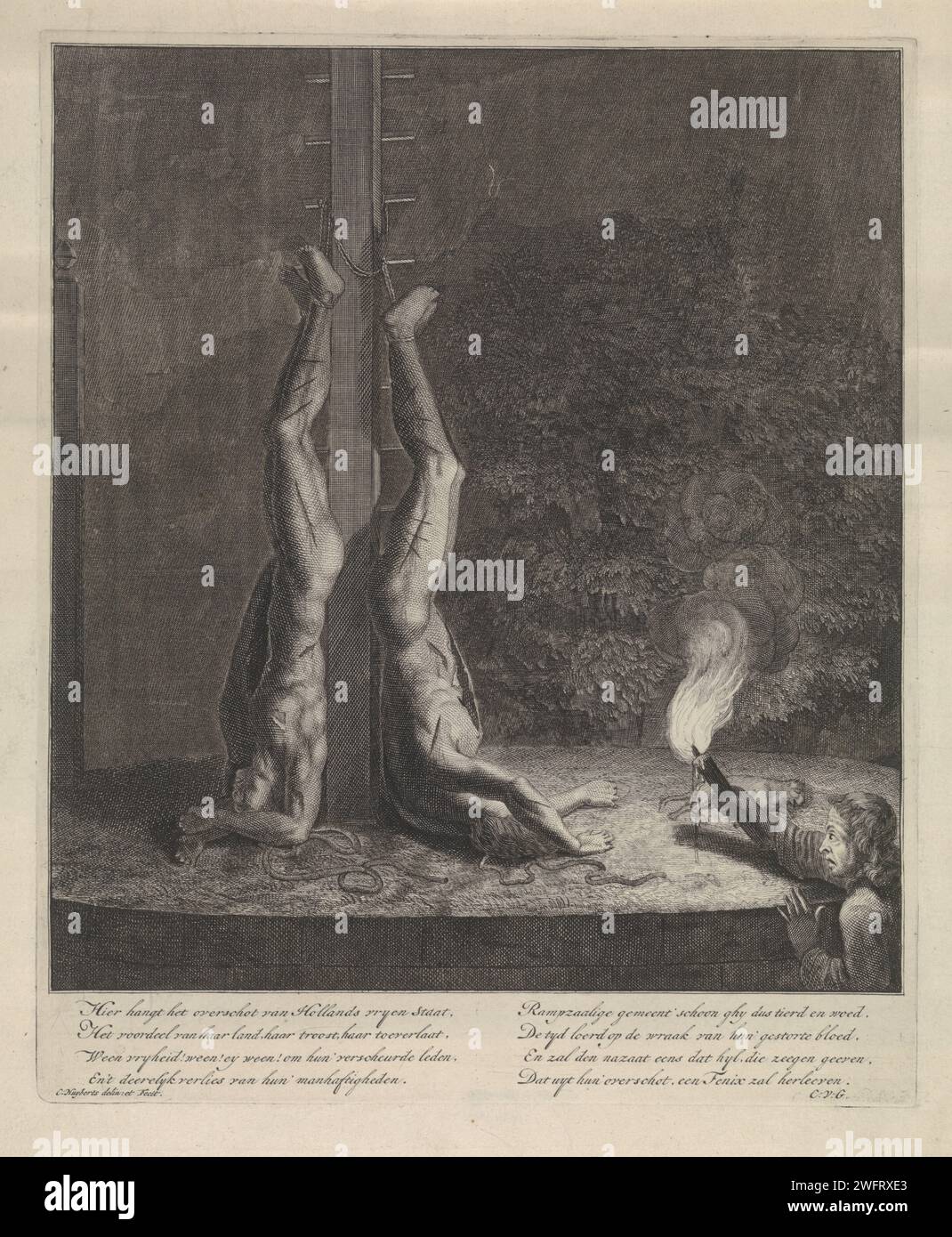 Tod und Verstümmelung der Brüder de Witt, Cornelis Huyberts, 1705 drucken die verstümmelten Leichen von Johan und Cornelis de Witt, die an einem Stab hängen. Rechts ein Mann mit einer Fackel, der die Leichen beobachtet. Unter einer achtzeiligen Strophe auf Niederländisch. Amsterdamer Papiergravur und Gravur historischer Ereignisse und Situationen. Historische Personen Stockfoto