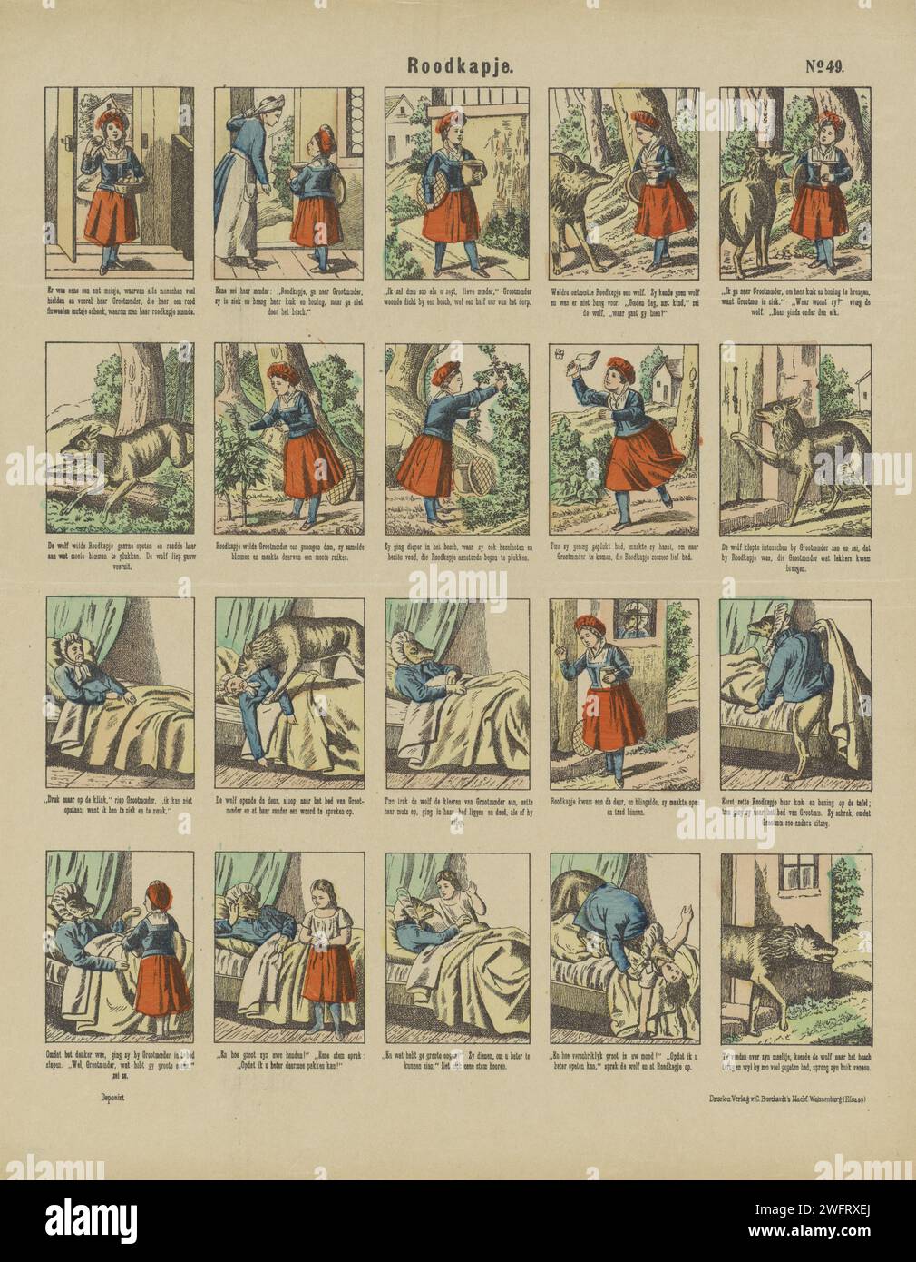 Rotkäppchen, Nachfolger Charles Burckhardt, ca. 1889 - ca. 1906 Druckblatt mit 20 Aufführungen aus dem Rotkäppchen-Märchen. Eine Beschriftung unter jedem Bild. Rechts oben nummeriert: Nr. 49. Wissembourg Papier Buchdruck Märchen und Märchen: Little Red Riding Hood Stockfoto