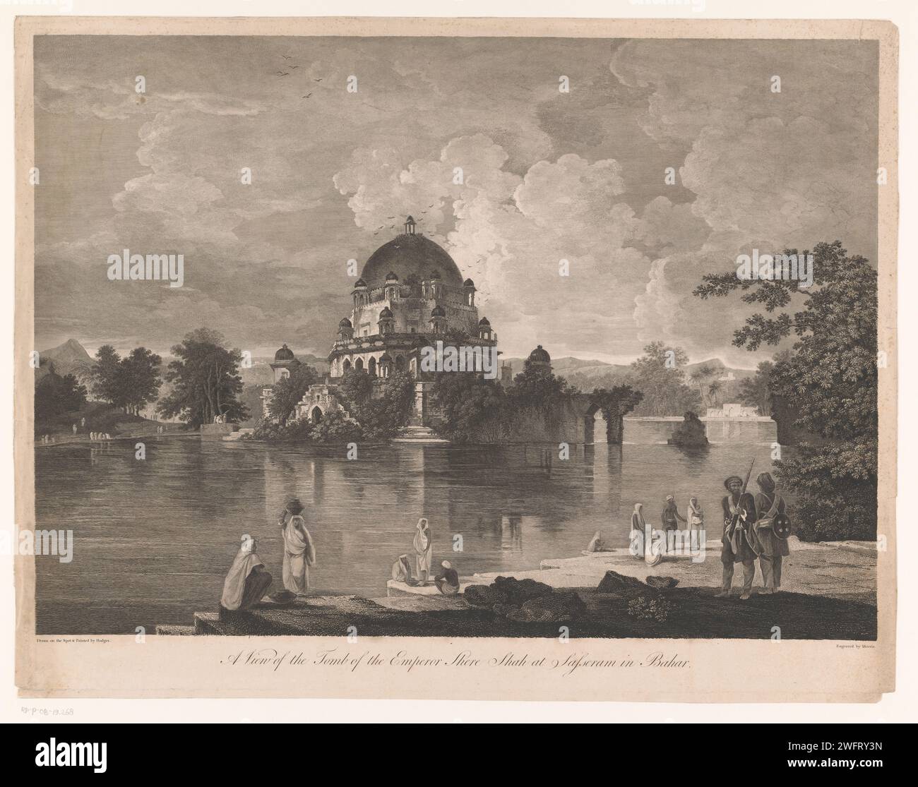 Blick auf das Mausoleum von Sher Shah Suri in Sasaram in Bihar, Thomas Morris, nach William Hodges, 1760–1786 Druckpapiergravur Mausoleum. Teich Bihar Stockfoto