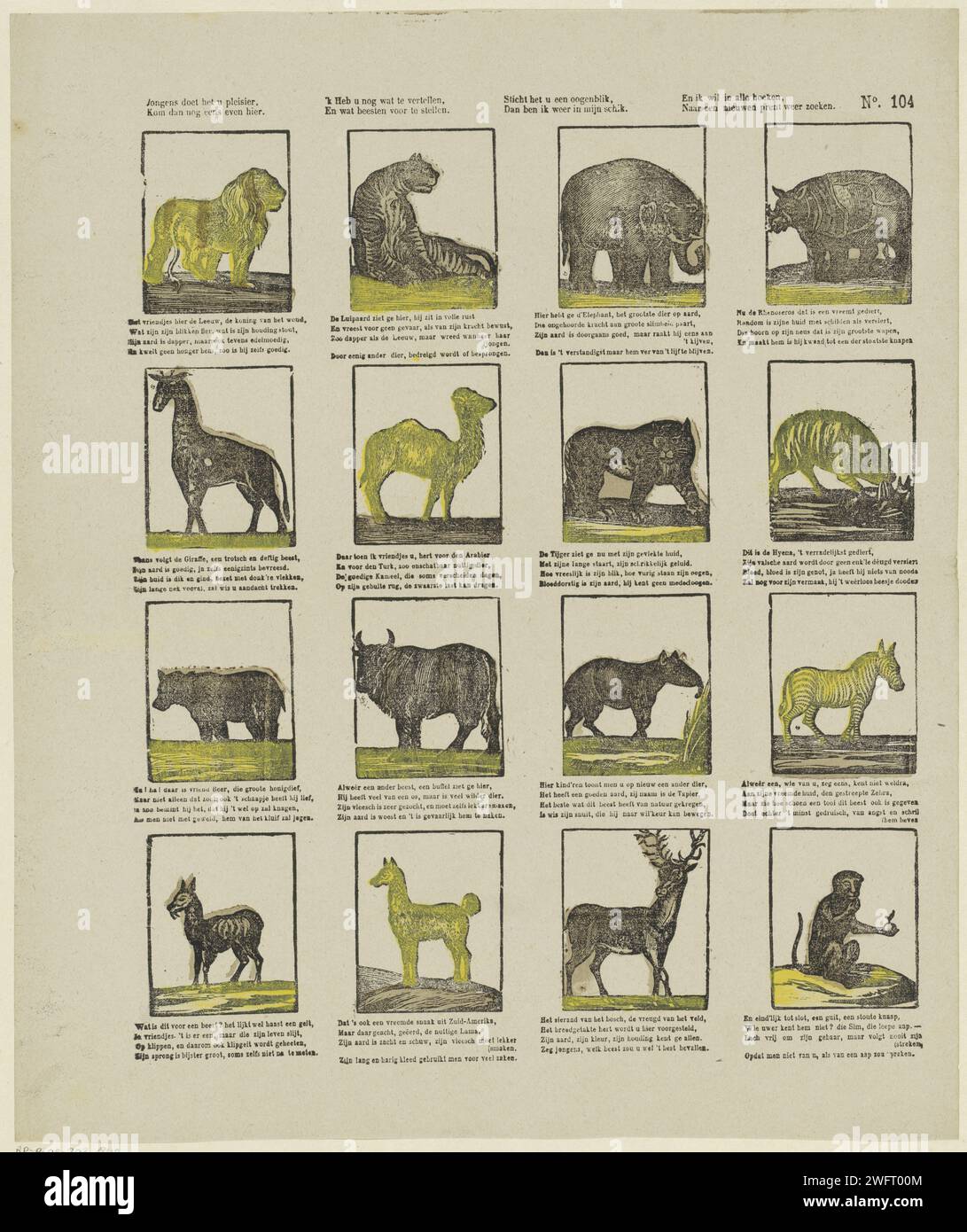 Tiere, 1827 - 1894 drucken Blatt mit 16 Darbietungen von Tieren, wie einem Löwen, einem Tiger, einem Elefanten und einem Nashorn. Eine vierzeilige Verse unter jedem Bild. Rechts oben nummeriert: Nr. 104. Schaerbeek Papier Buchdruck Tiere. Raubtiere, Raubtiere: Löwe. Raubtiere, Raubtiere: tiger. Stammtiere: Elefant. Huftiere: Nashörner. Affen, Affen. Huftiere: Dromedar Stockfoto