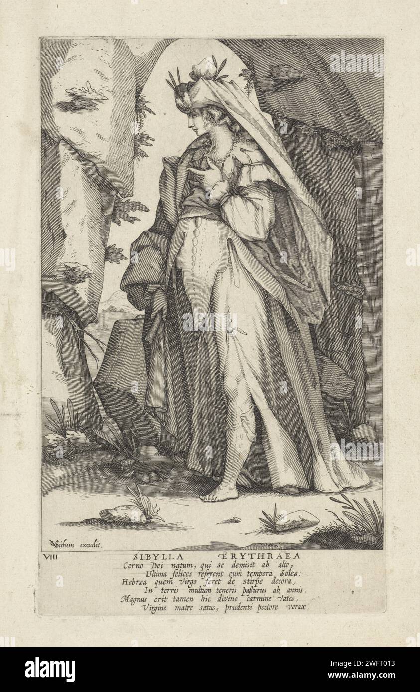 Sibille van Erythrae, Christoffel van SiChem (I), in oder vor 1608 Sibille van Eythrae, stehend für eine Passage in einer Felsmauer. Sie hält ein gerolltes Stück Papier in der Hand. Sechs Strophen in lateinischer Sprache unter dem Druck. Amsterdam Papierstich Erythraean sibyl Stockfoto