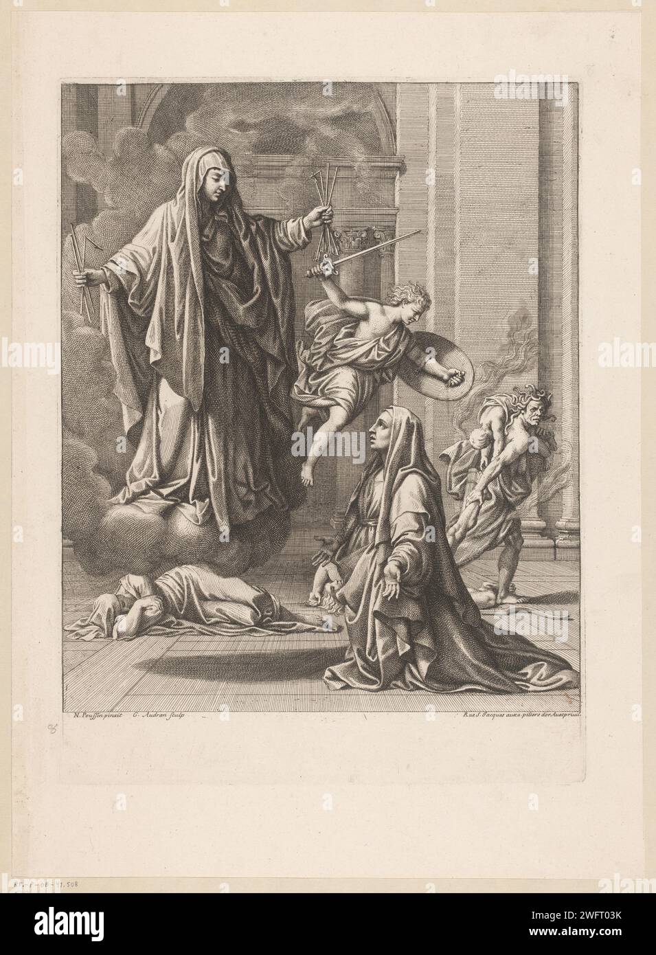 H. Francisca Romana, Gérard Audran, nach Nicolas Poussin, 1650–1703 Druckgraphiker: Francesca Romana: Paris (möglicherweise) Papier, das die Witwe und Gründerin der Oblaten von Tor de' Specchi, Frances von Rom (Francesca Romana) graviert; mögliche Attribute: Schutzengel, Kleinkind Christus. Medusa (einer der Gorgonen) Stockfoto
